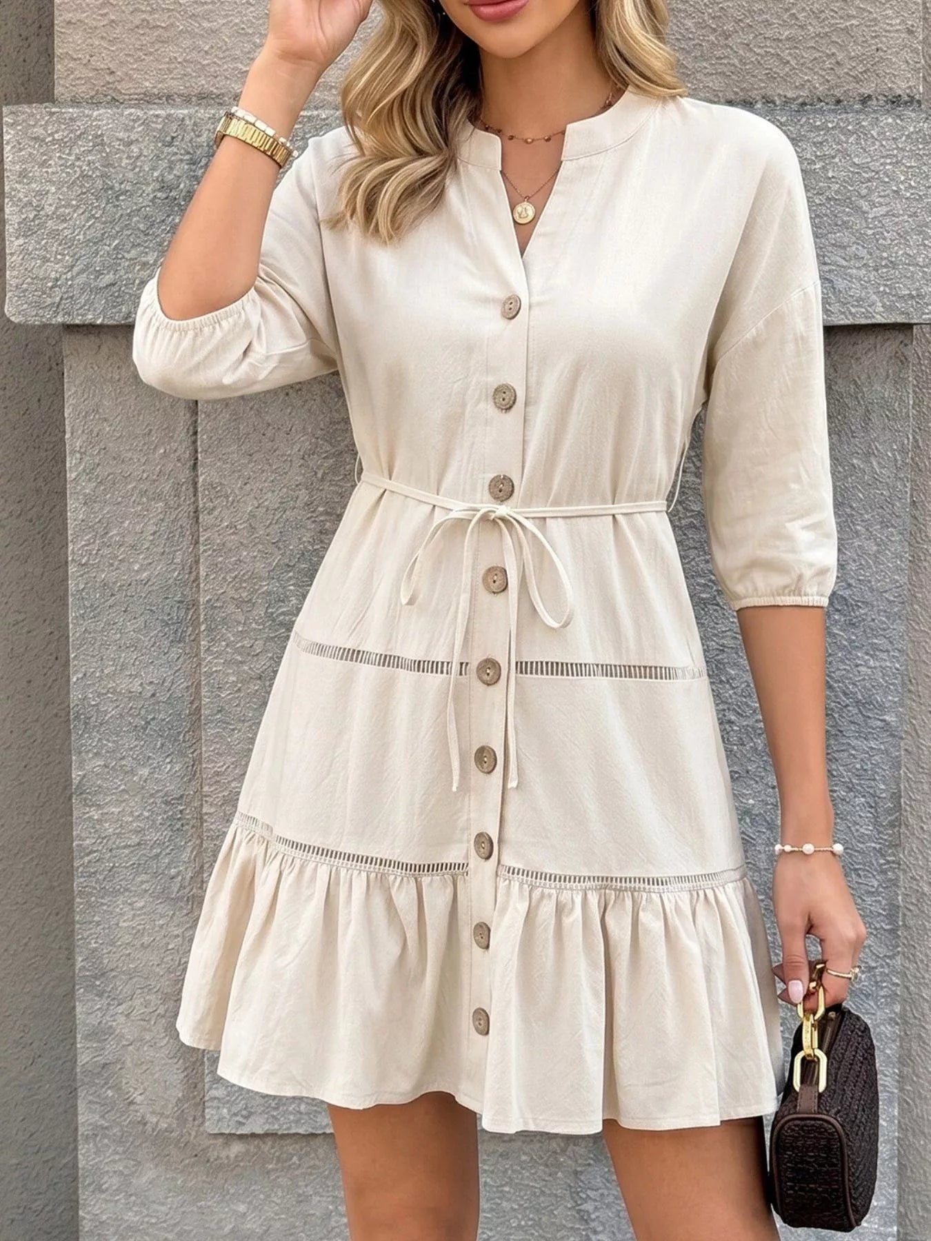 Button-Front Ruffle Hem Mini Dress