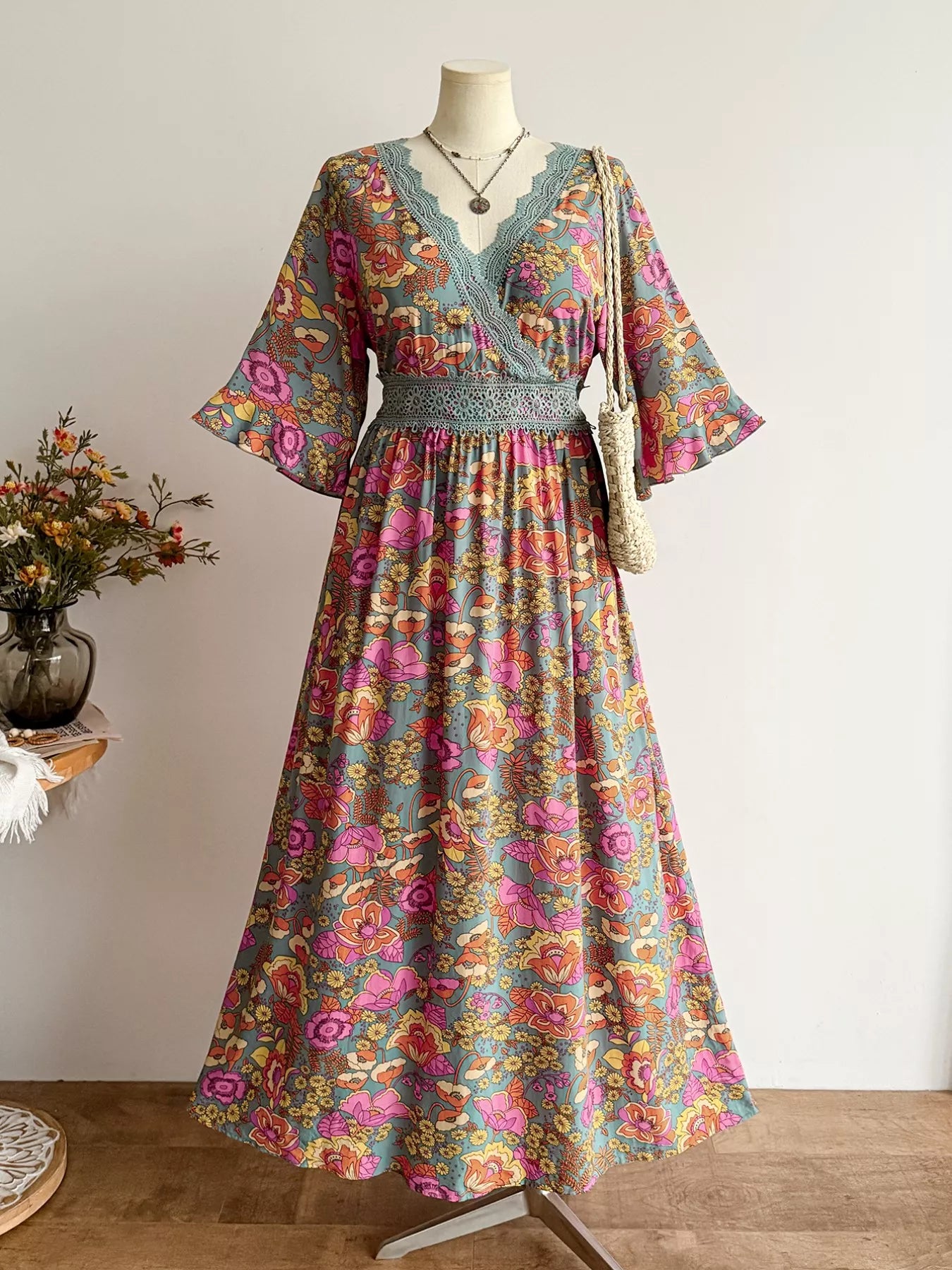 Plus Size Lace Detail Floral Surplice Dress