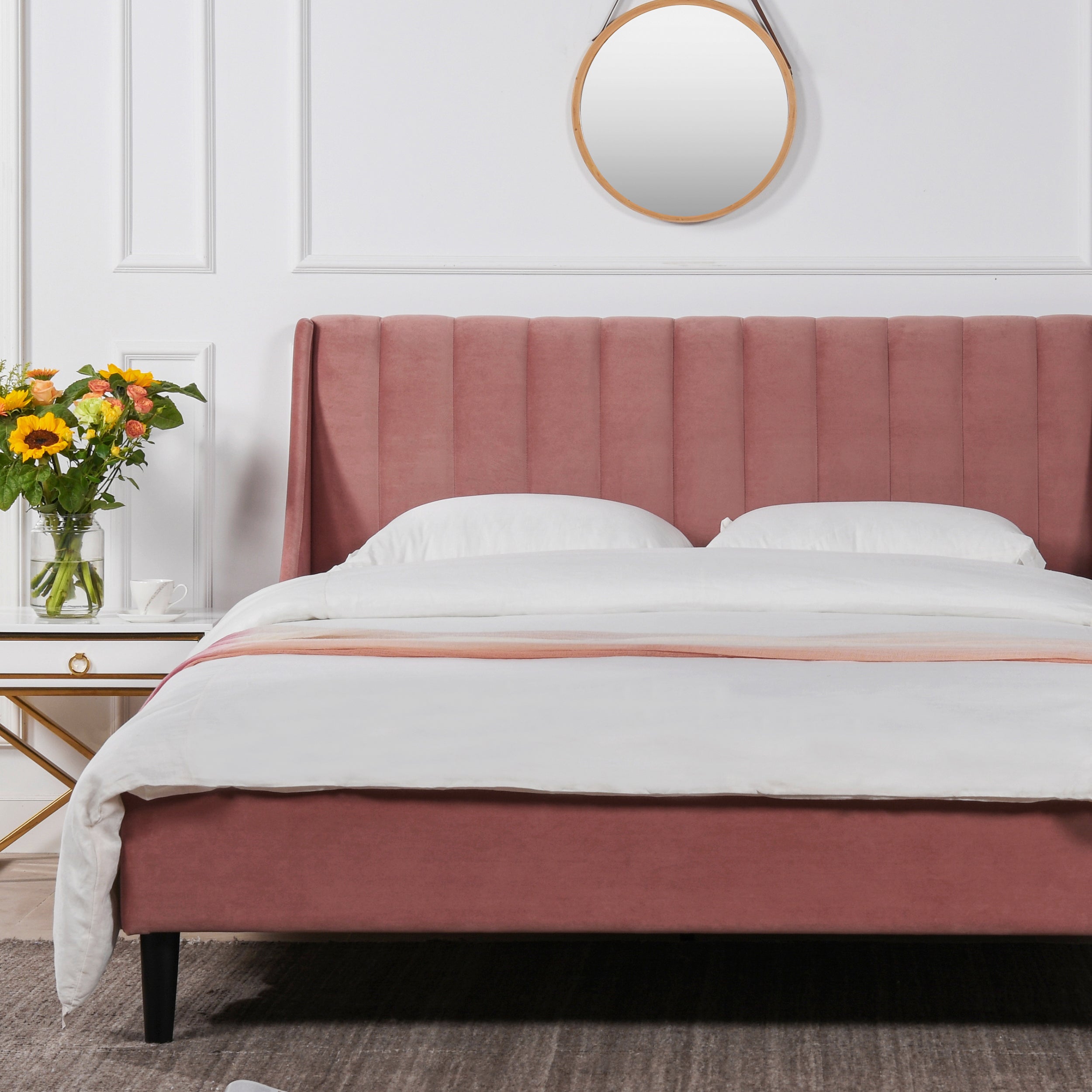 Aspen Vertical Tufted Headboard Platform Bed Set, Queen, Ash Rose