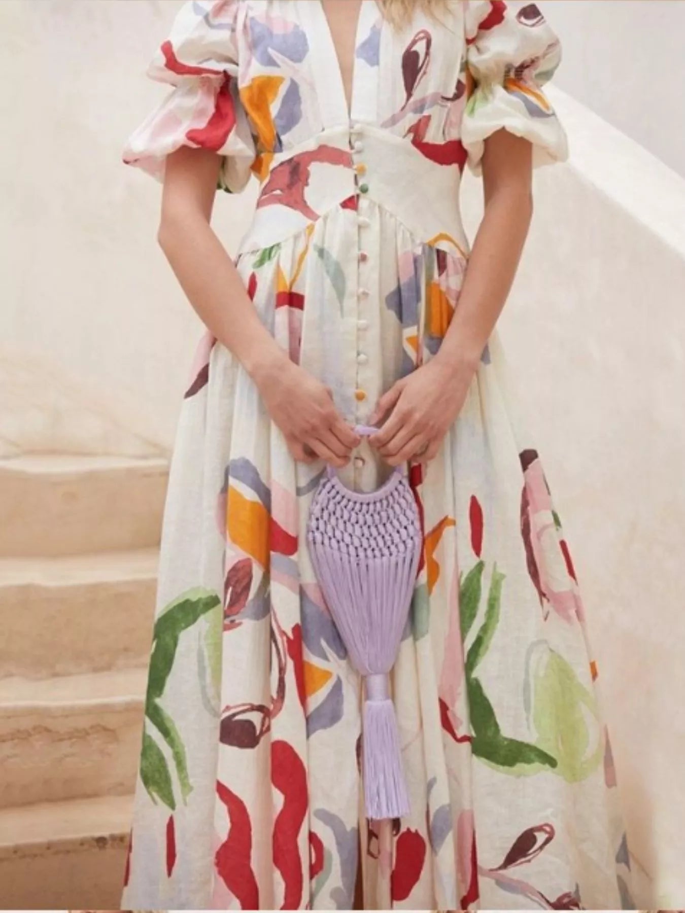 Full Size Abstract Print Puff Sleeve Midi Dress Plus Size