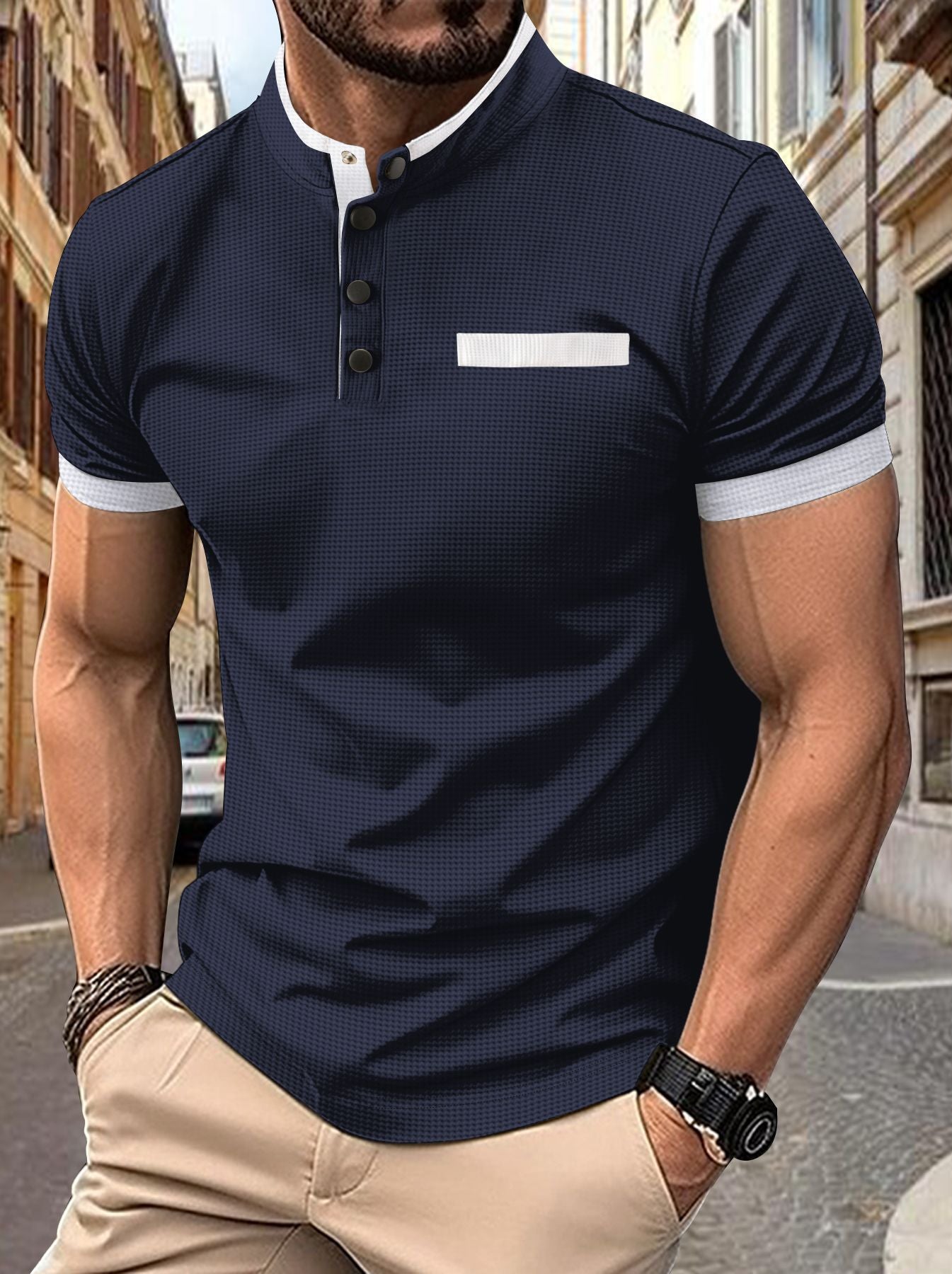 POLO Men's Checkered Stand Collar Polo Shirt