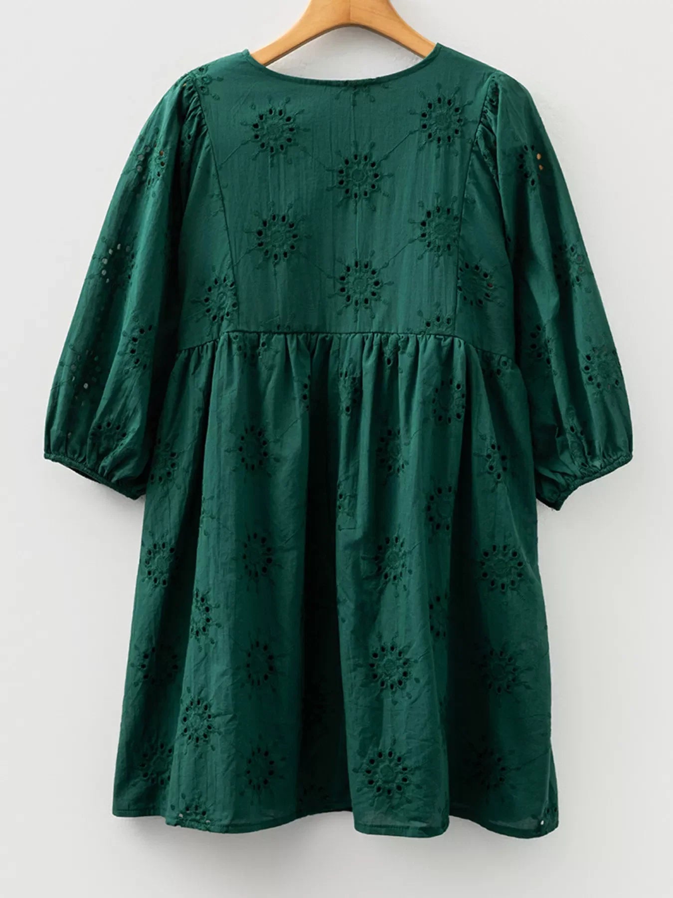 Embroidered Eyelet Pattern 3/4 Puffy Sleeve Swing Mini Dress