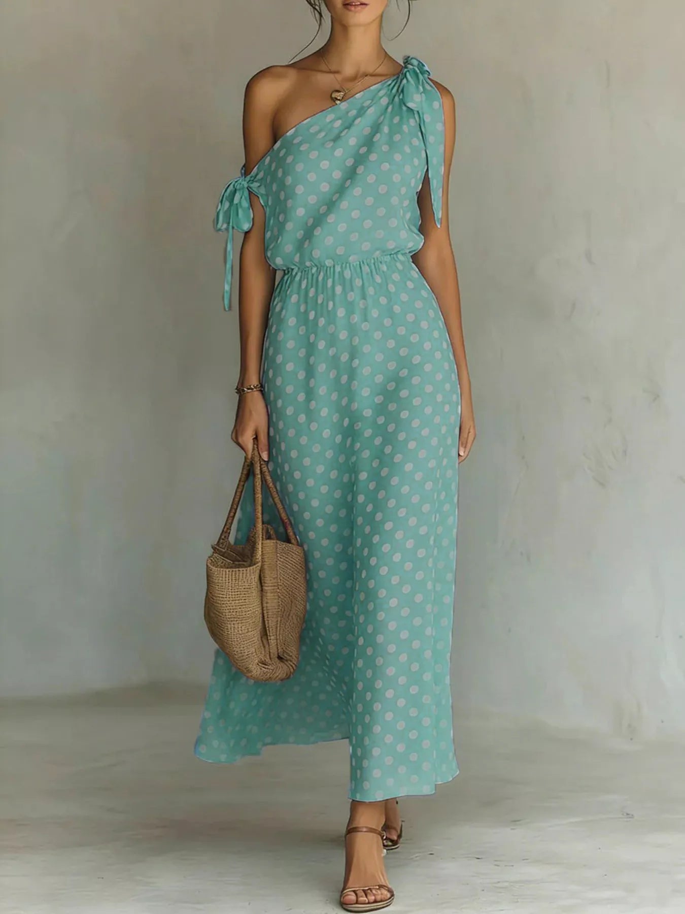 Full Size Polka Dot One-Shoulder Maxi Dress with Tie Details Plus Size