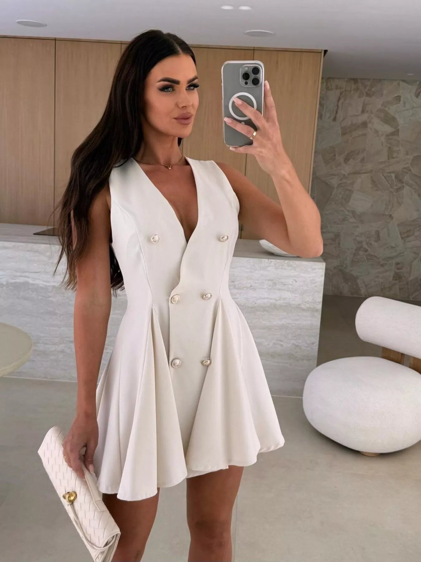 Double-Breasted V-Neck Mini Dress