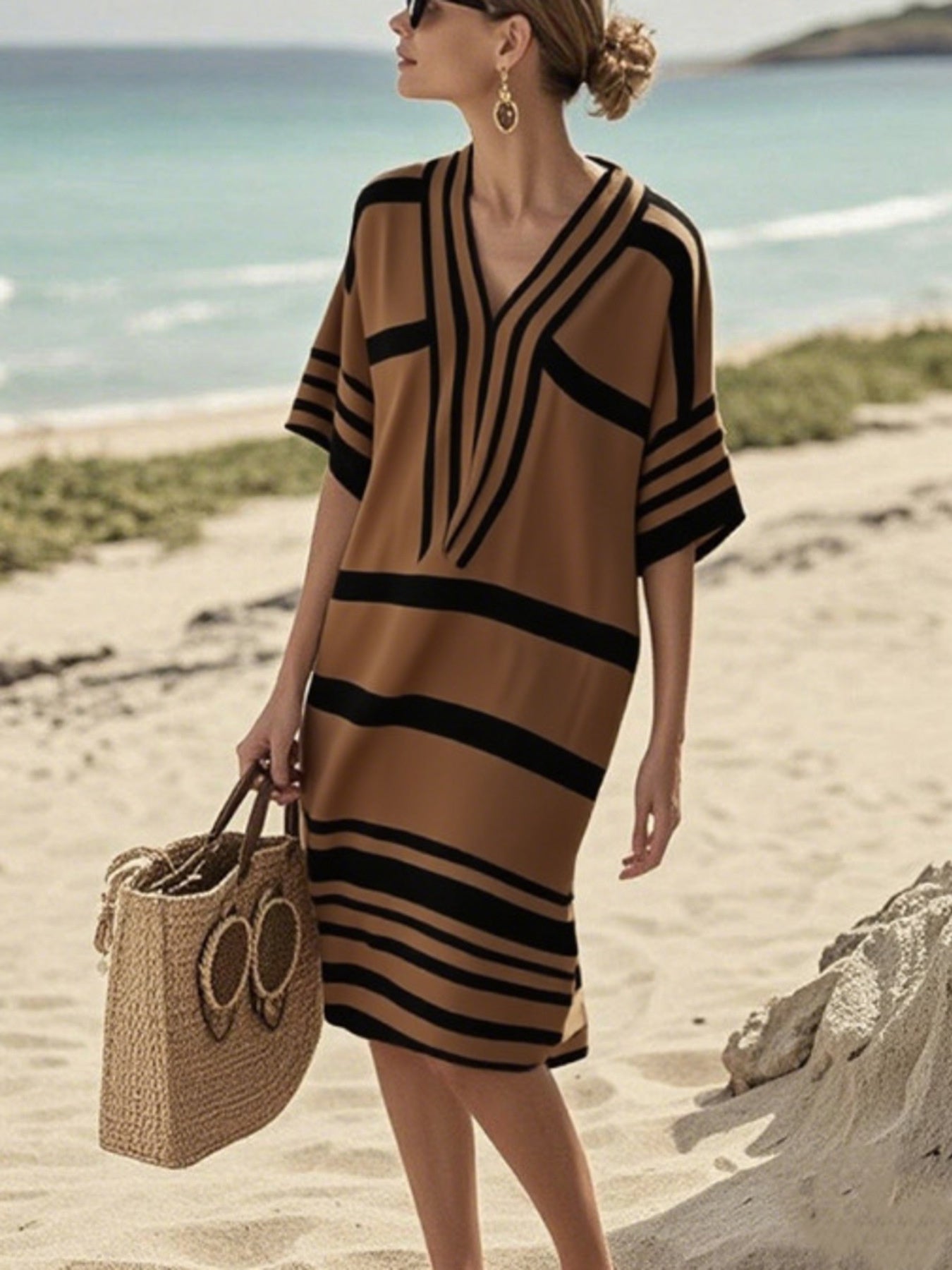 Full Size Striped Half Sleeve Midi Dress Plus Size