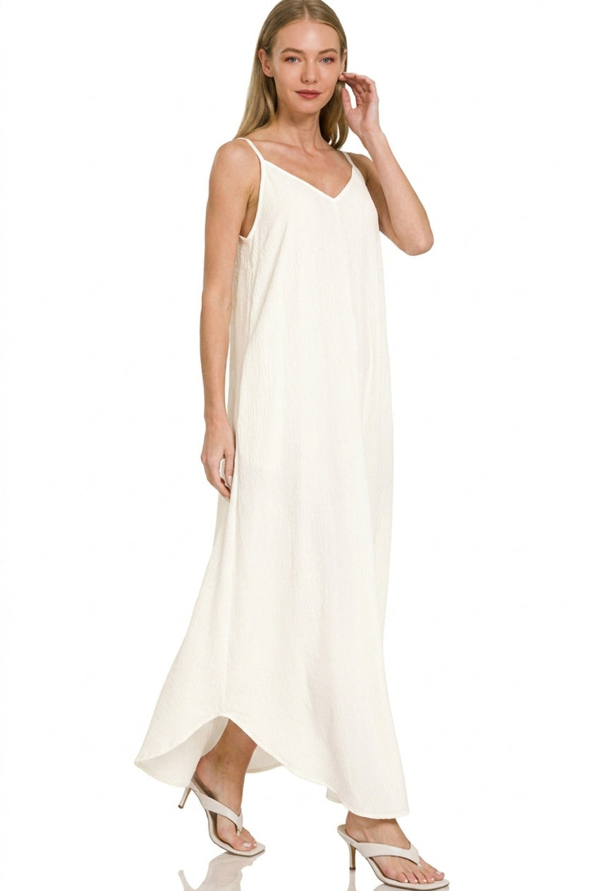 Zenana Woven Crinkle Cami Maxi Dress with Side Pockets