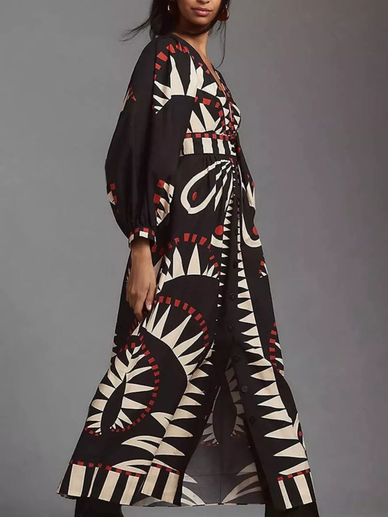 Full Size Geometric Long Sleeve Dress Plus Size