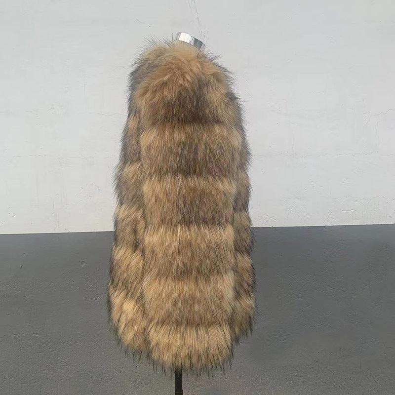 Coat Womens Faux Raccoon Patchwork Synthetic Fur Overcoat