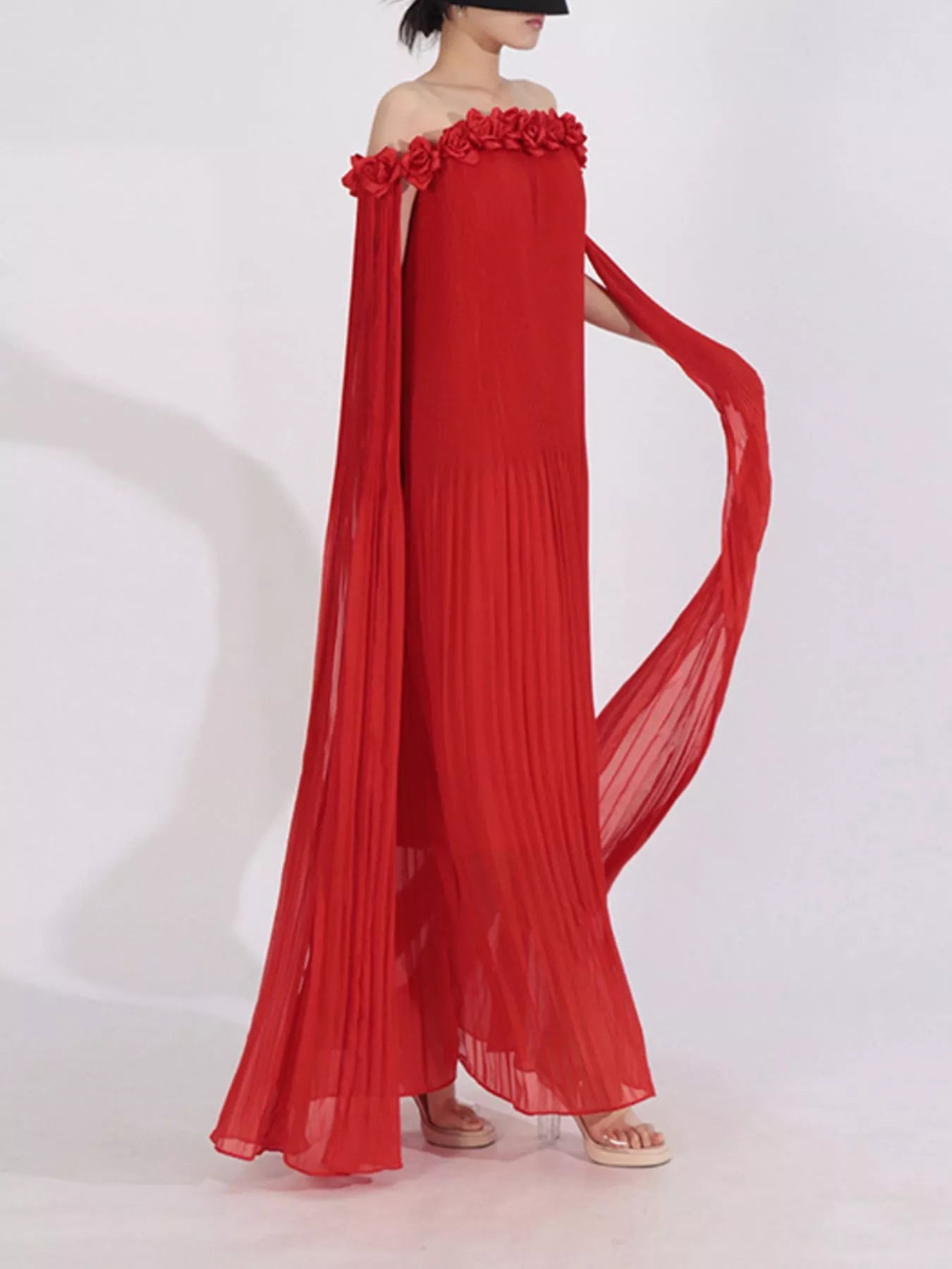 Off-Shoulder Floral Pleated Maxi Dress