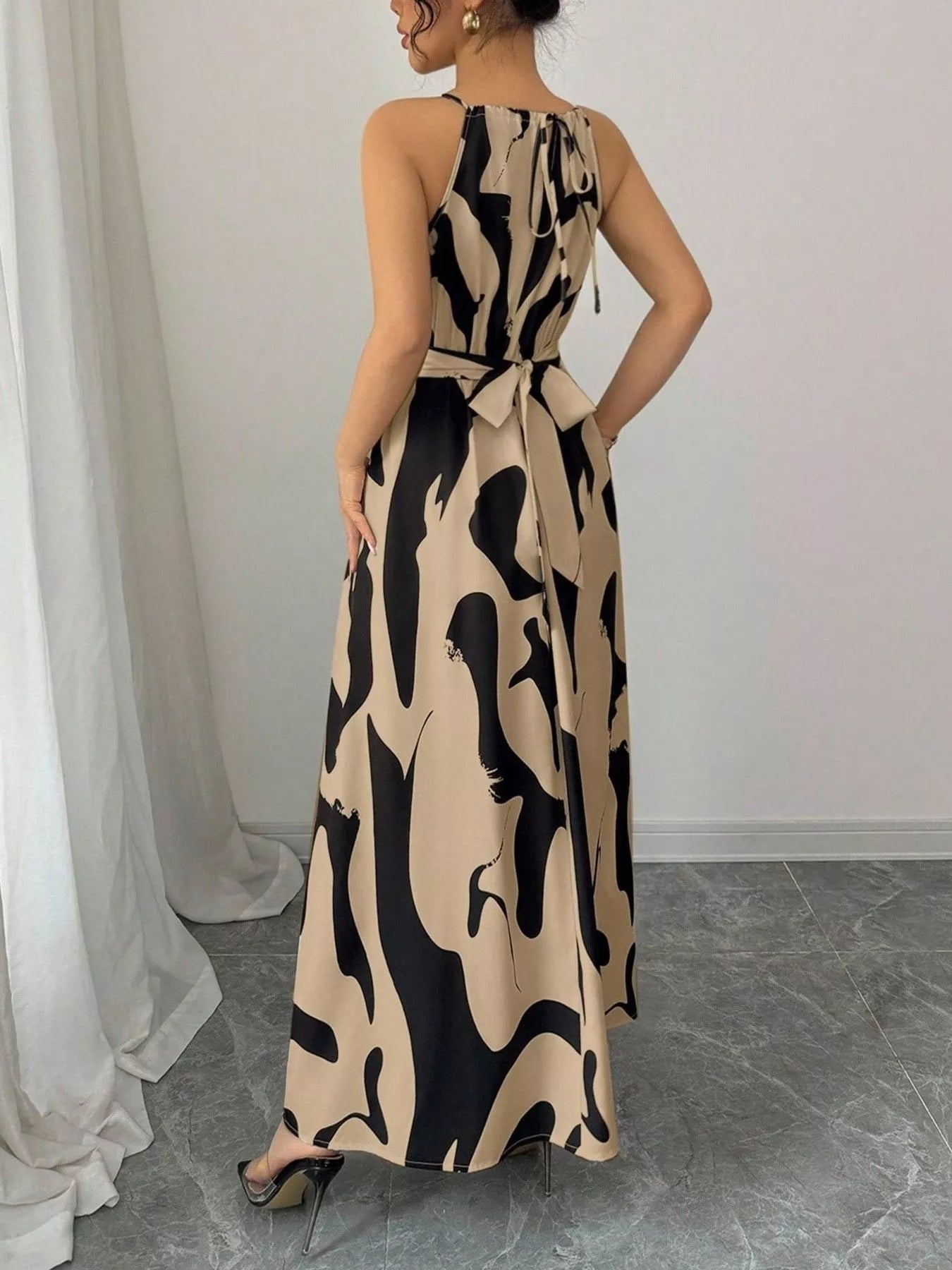 Abstract Print Halter Neck Maxi Dress