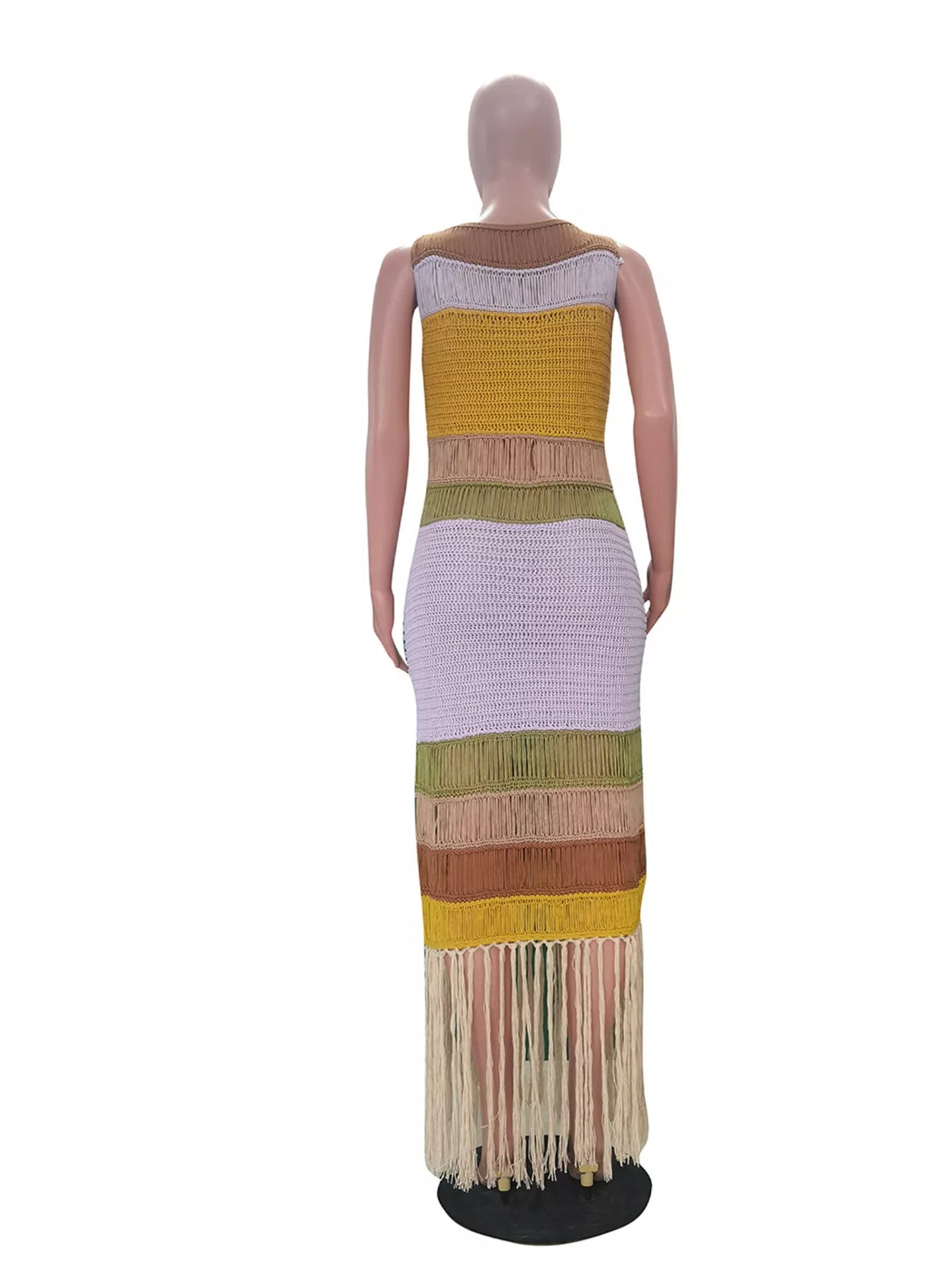 Fringe Crochet Knit Color Block Maxi Dress