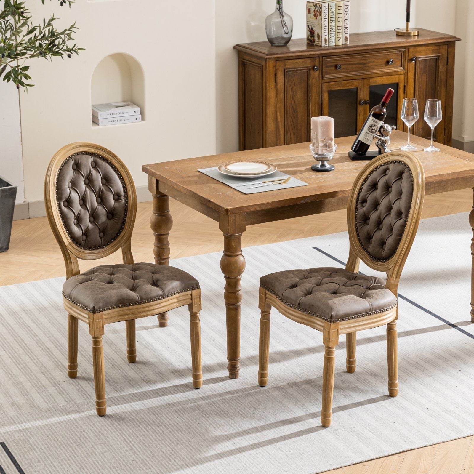 French Style Solid Wood Frame Antique Painting, Hand-Pulled Buckle Decoration Artificial Dining Chair With Nailhead Trim, Wood Legs
