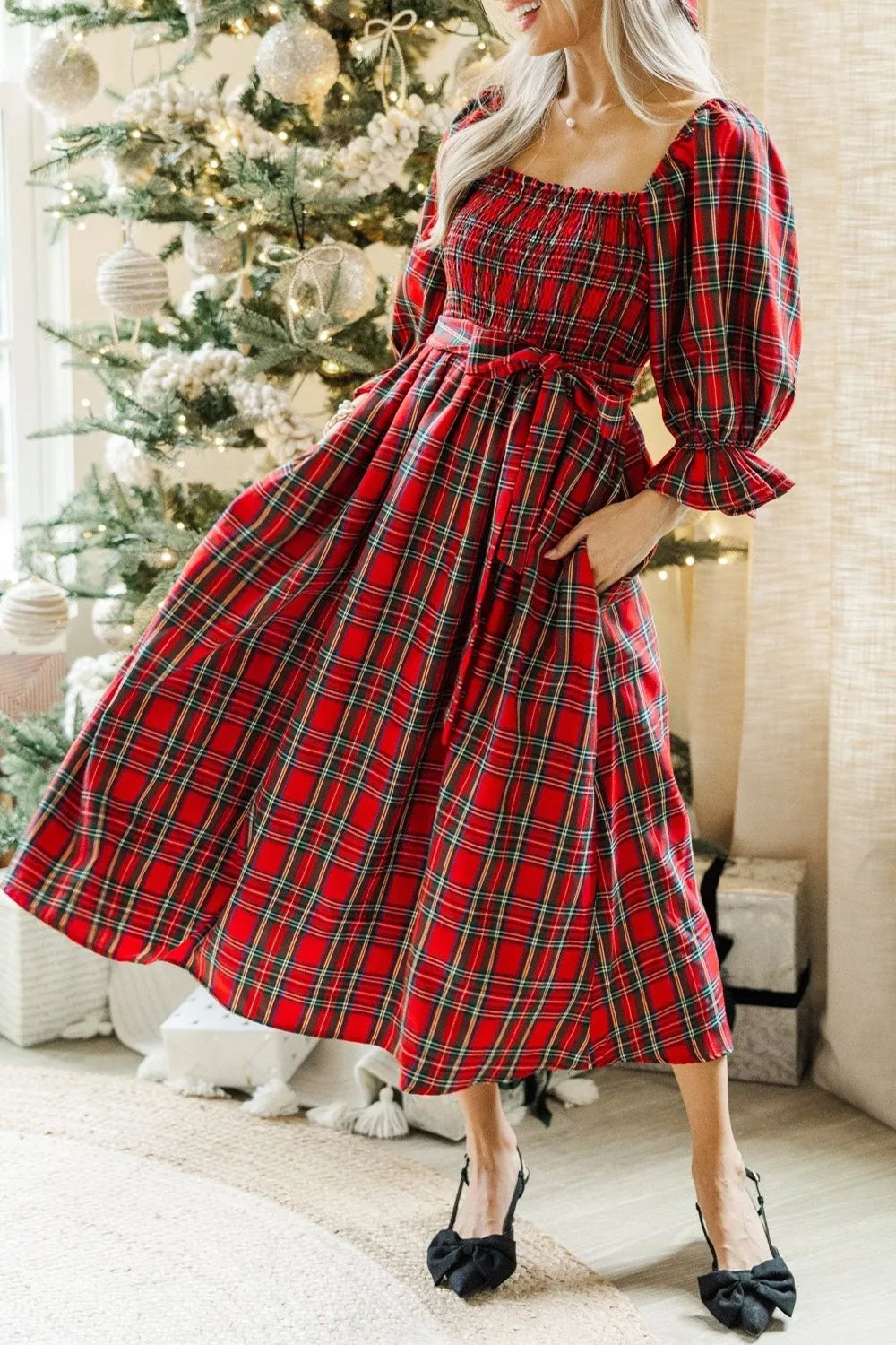 Plaid Smocked Flounce Sleeve Midi Dress
