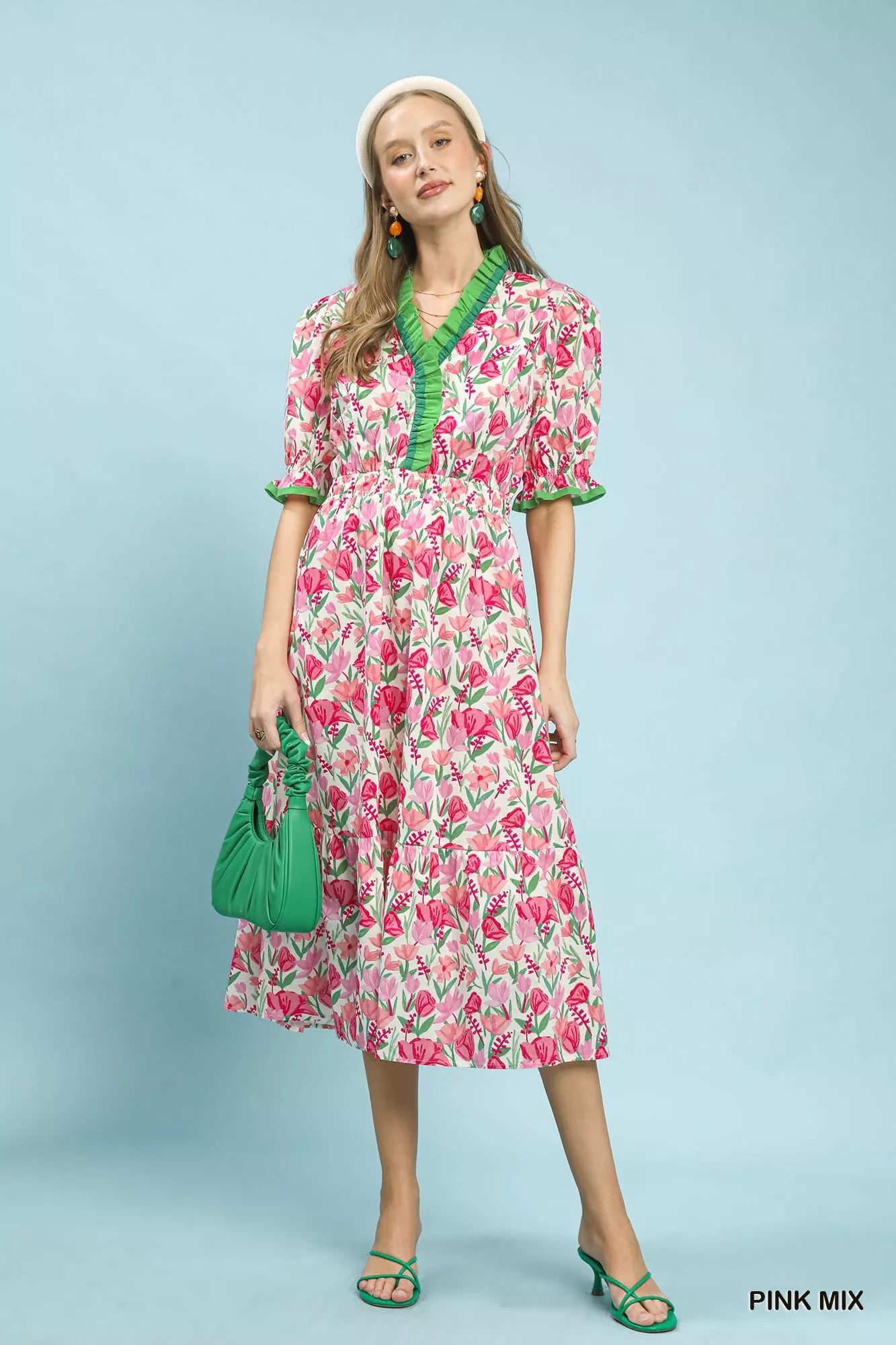 Umgee Floral Ruffle Trim Tiered Midi Dress