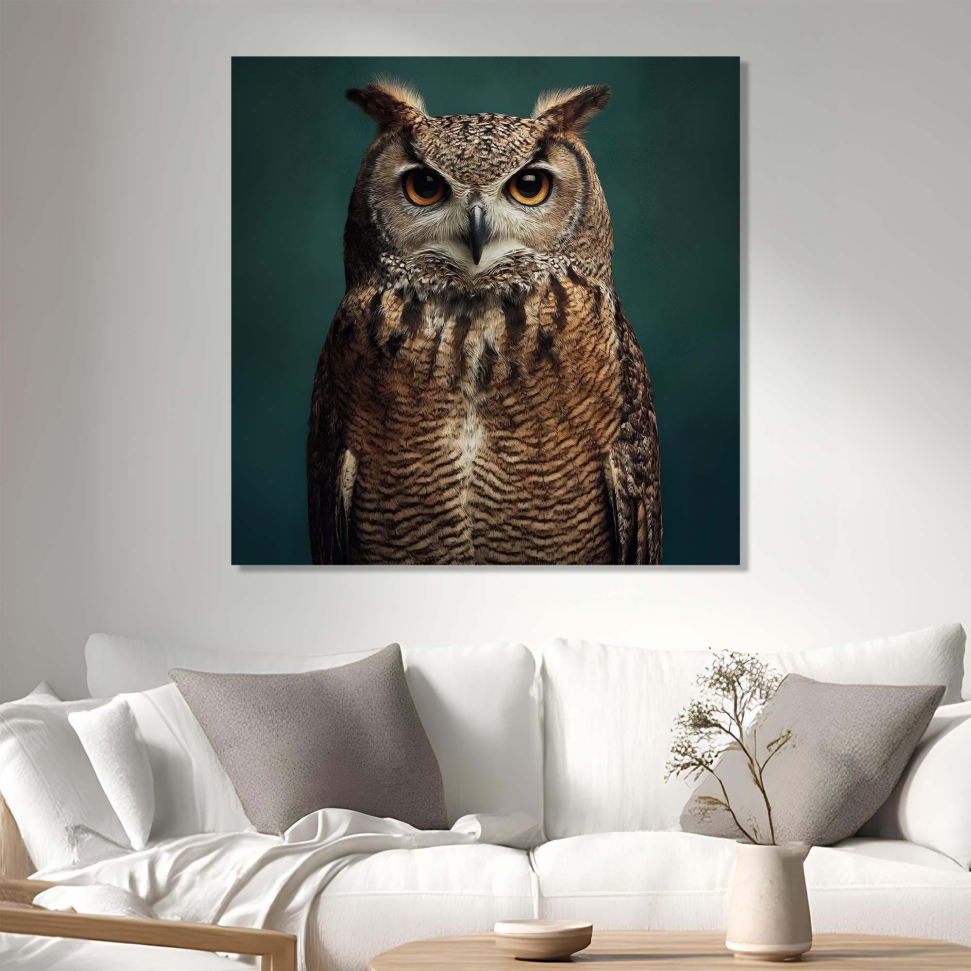 Regal Owl Tempered Glass Wall Art | Wildlife Bird Portrait | Nature-Inspired Home Decor