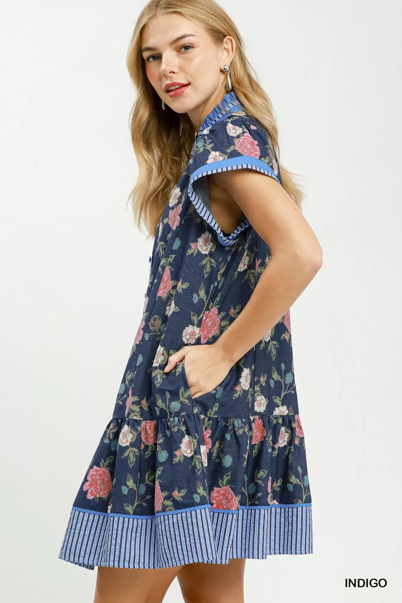 Umgee Floral Contrast Trim Ruffle Hem Mini Dress