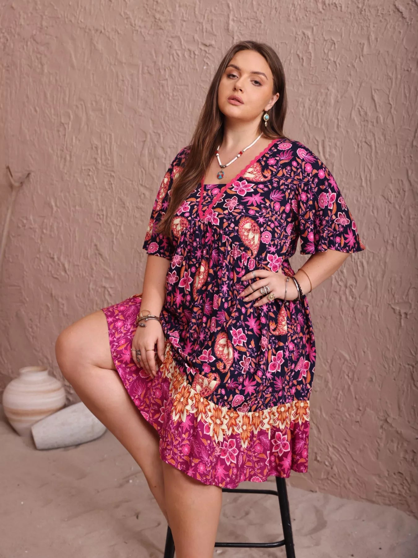 Plus Size Floral Flutter Sleeve Dress