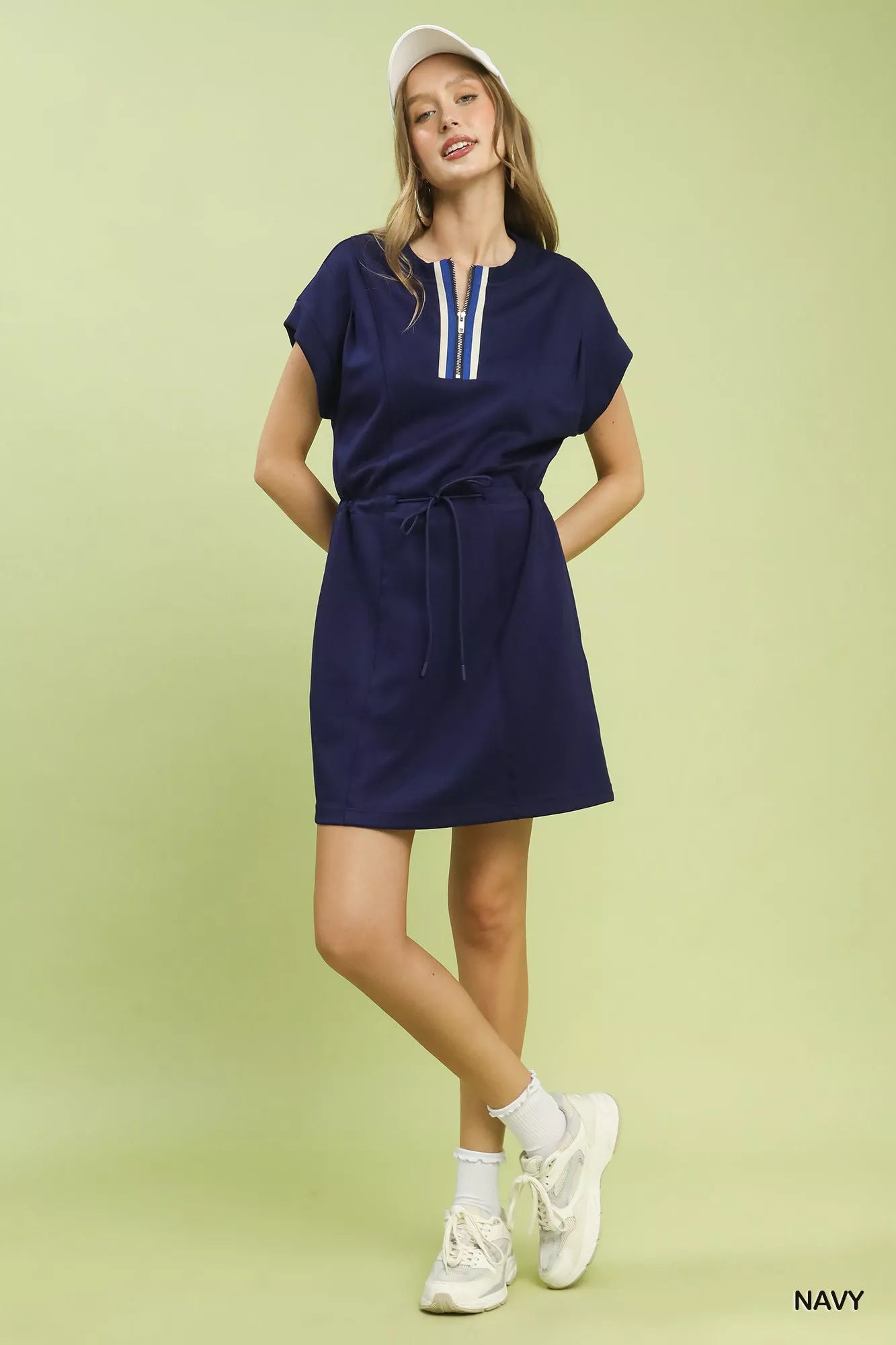 Umgee Knit Zip Front Drawstring Dress