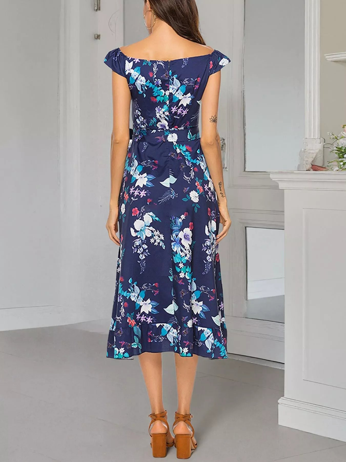 Floral Print Off Shoulder Midi Dress