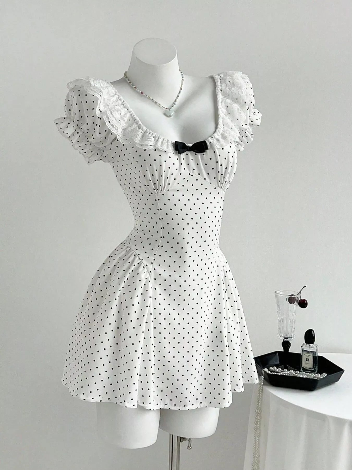 Lace Detail Polka Dot Mini Dress