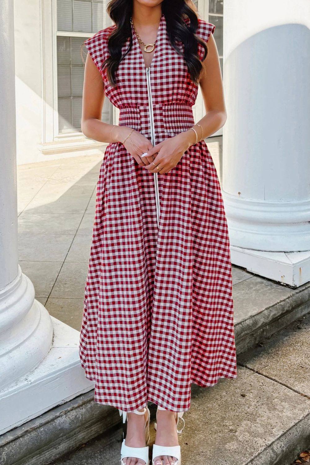 Gingham Zip-Front Midi Dress