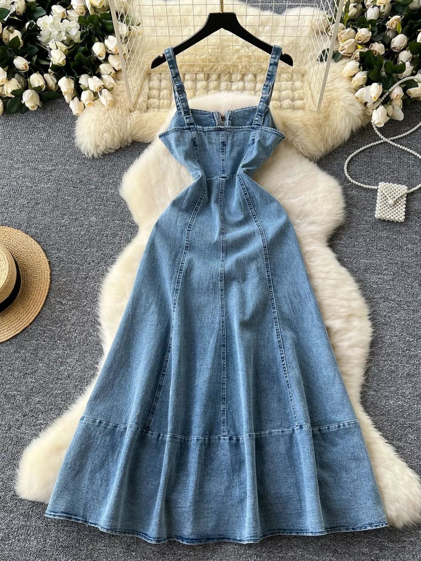 Sleeveless Zipper Front A-Line Denim Dress
