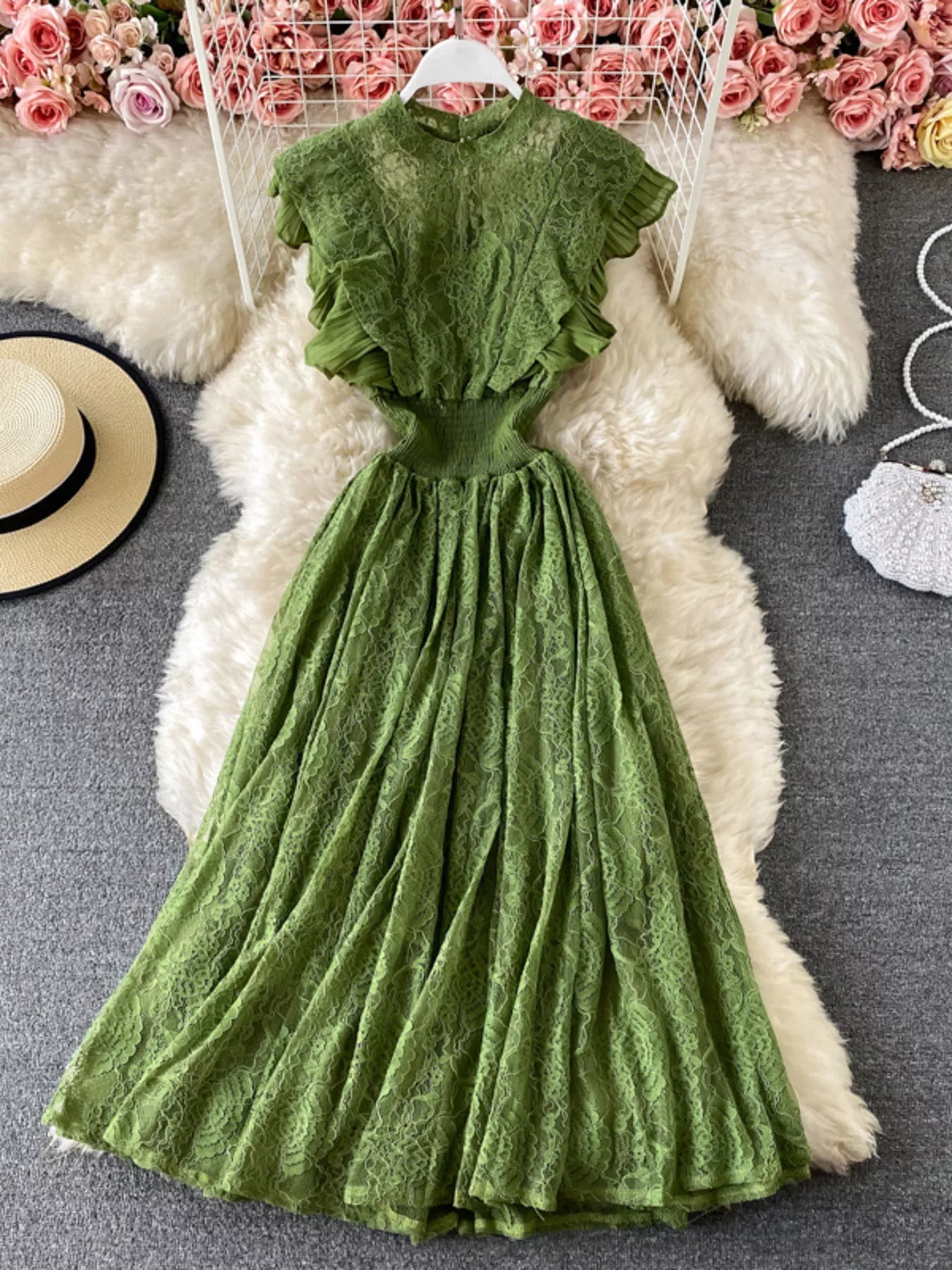 Ruffled Mock Neck Lace Maxi Dress