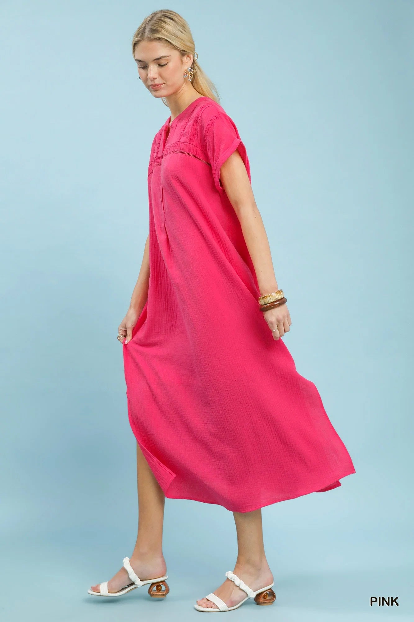 Umgee Button-Front Gauze Midi Dress with Lace Detail