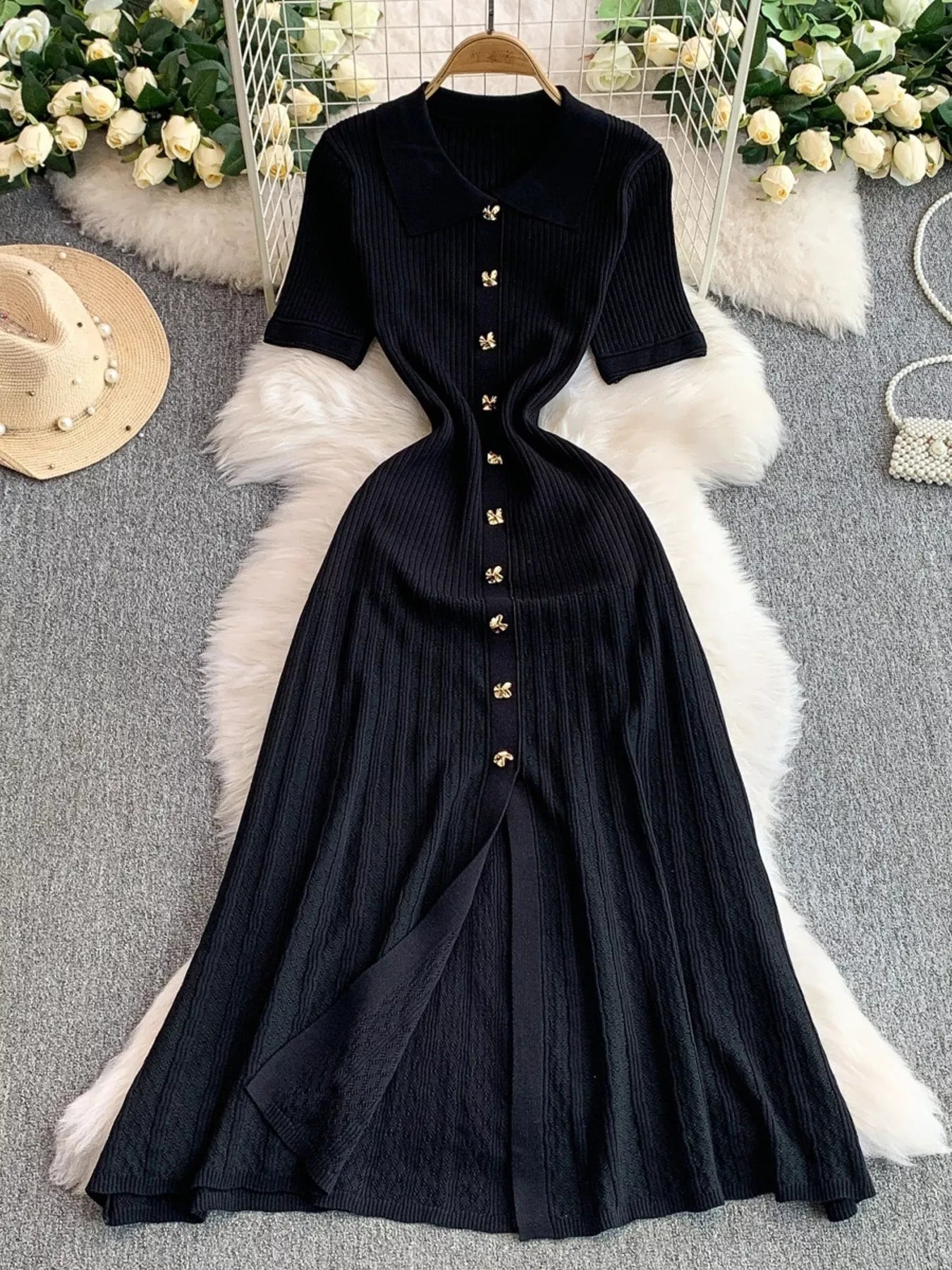 Button Front Ribbed Knit Midi Dress