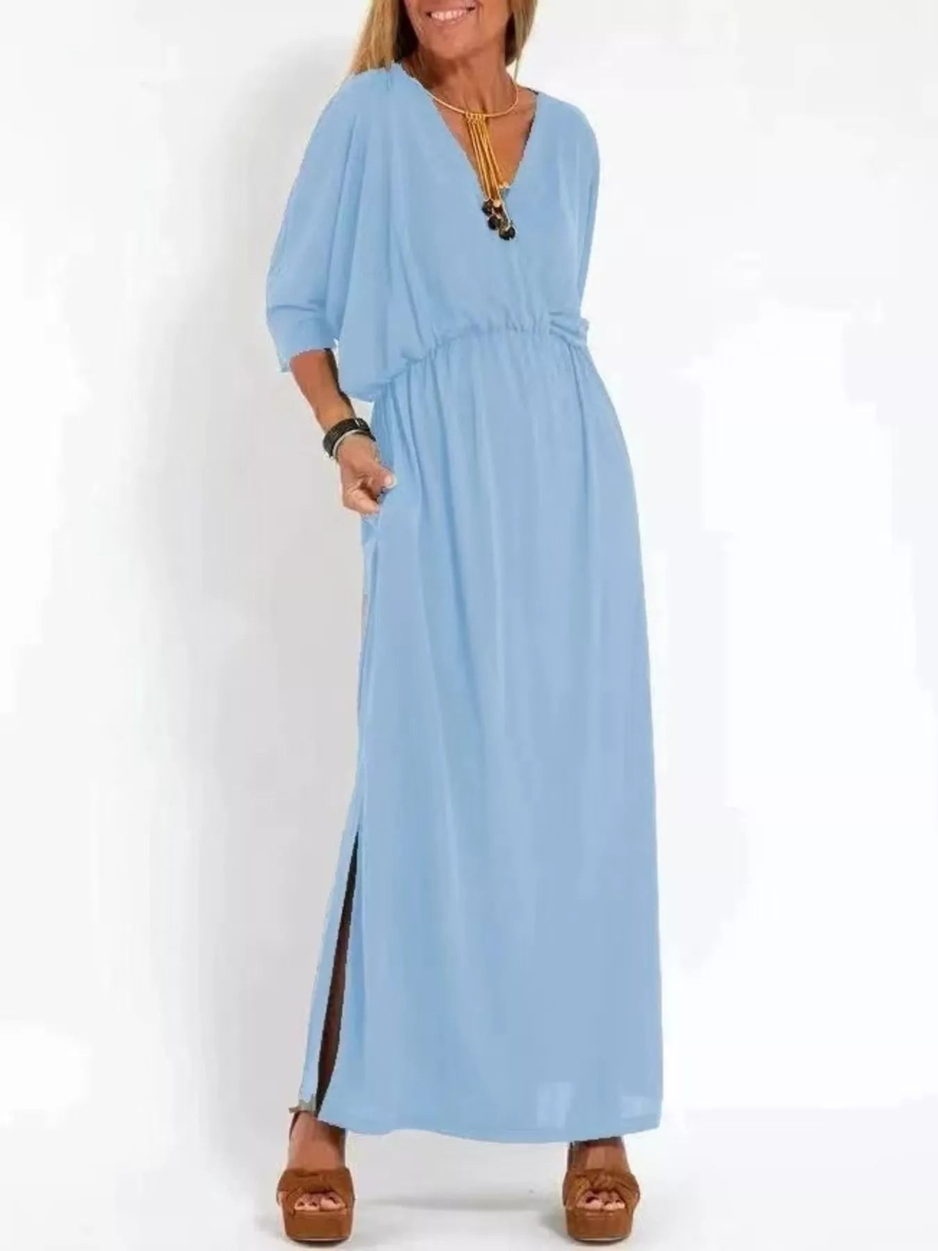 Full Size V-Neck Batwing Sleeve Maxi Dress with Side Slits Plus Size