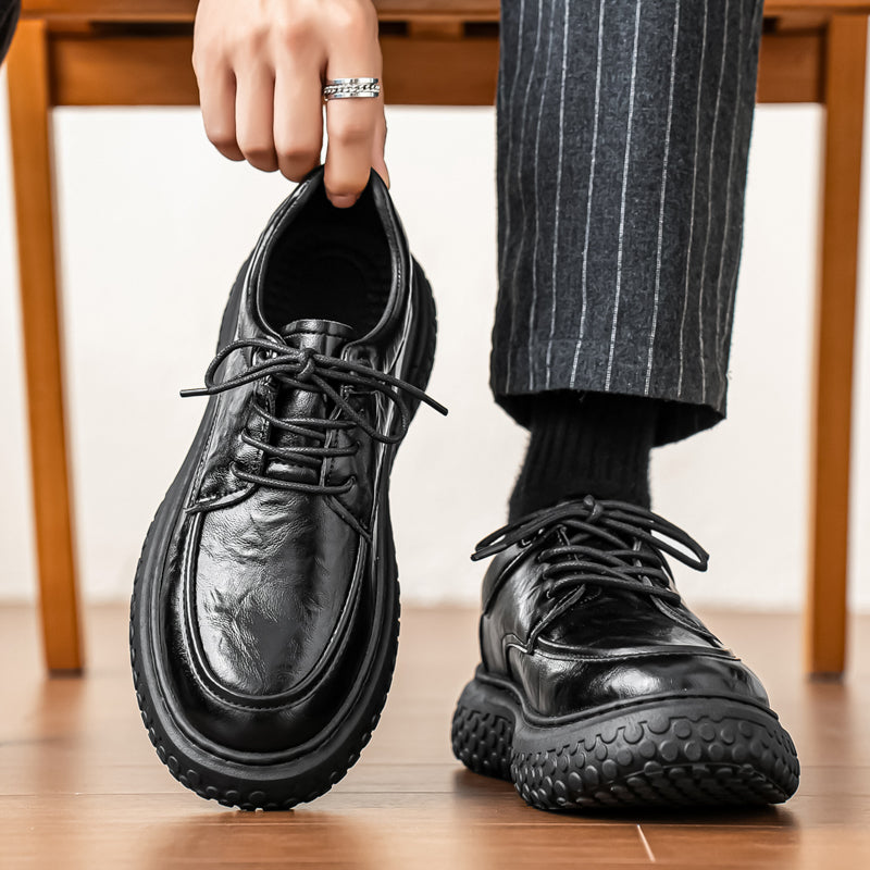 Trendy Brand Men's Leather Shoes, British Style Fashion Thick Sole Casual Footwear, Low-top Lace-up Height-increasing Breathable Black Loafers