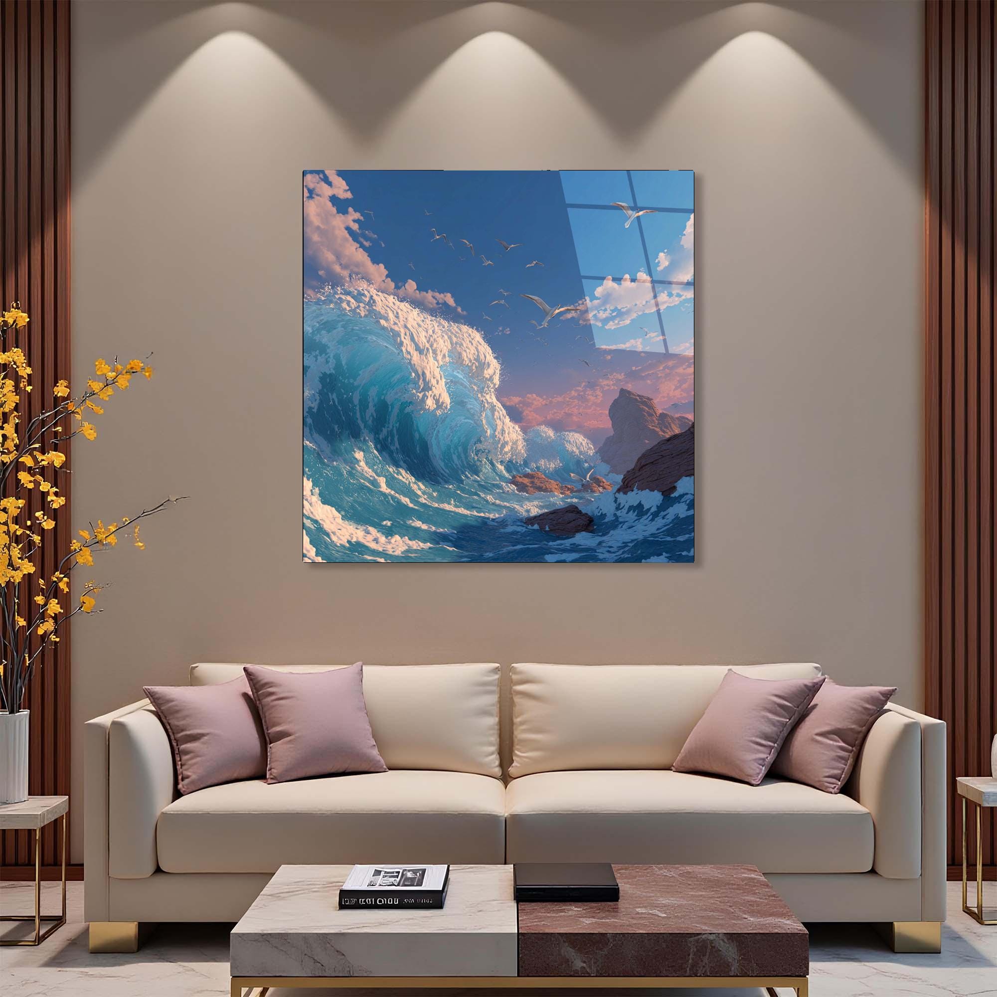 Tempered Glass Ocean Wave Wall Art | Coastal Seagulls Decor