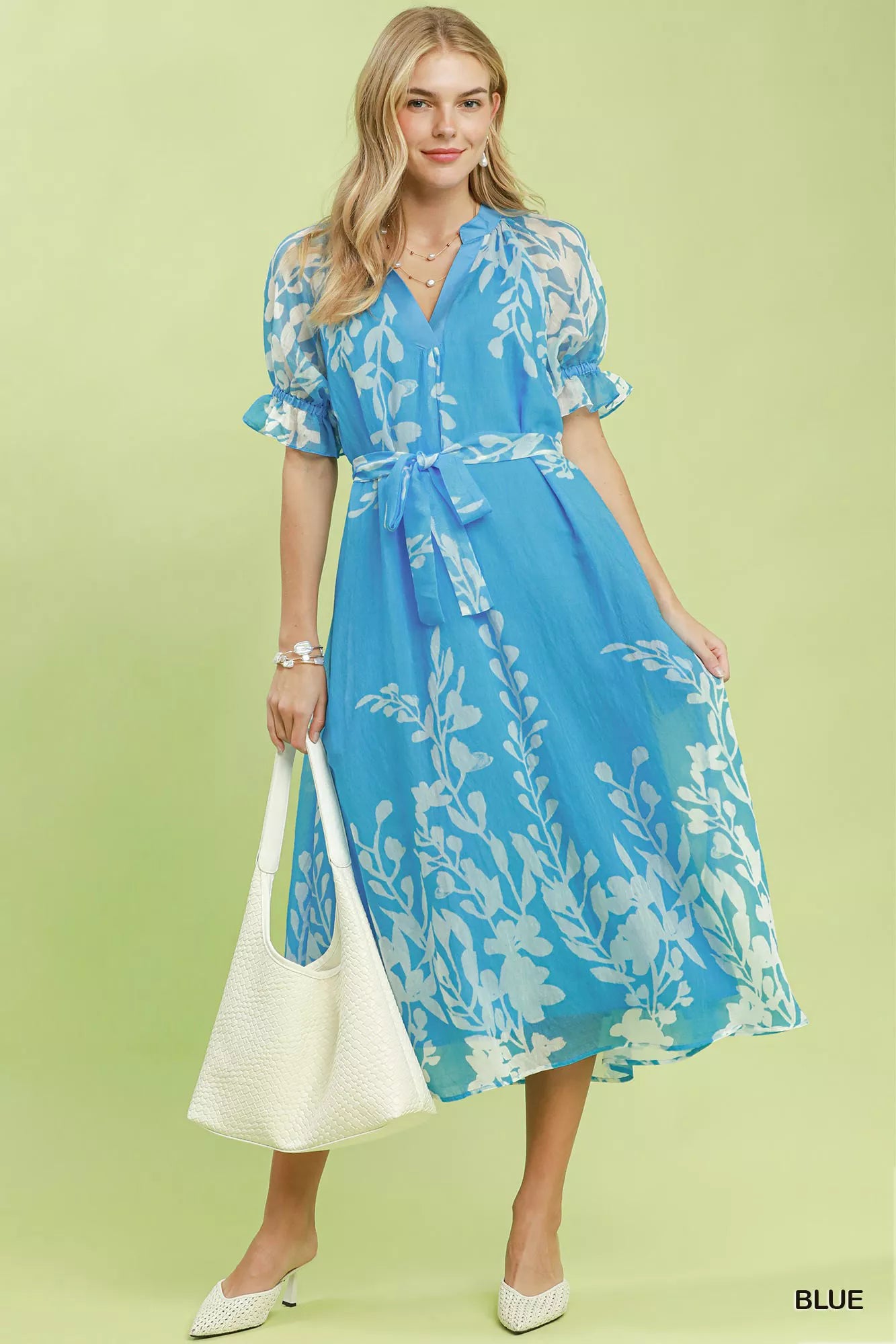 Umgee Floral Print Tie Waist Midi Dress with Side Pockets