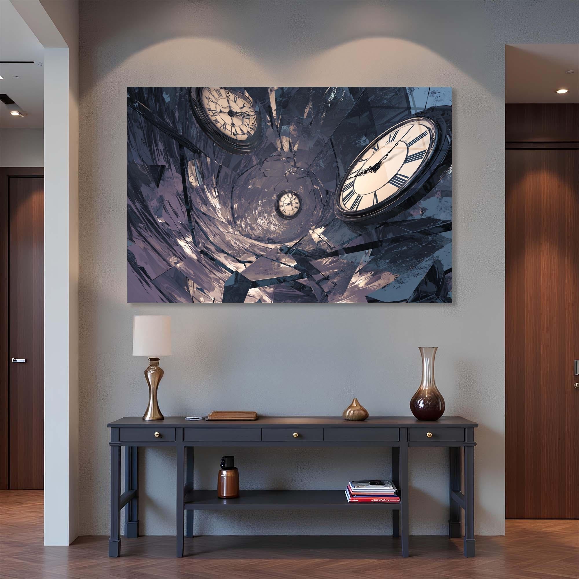 Surreal Clock Tempered Glass Wall Art | Time Vortex Tunnel Decor