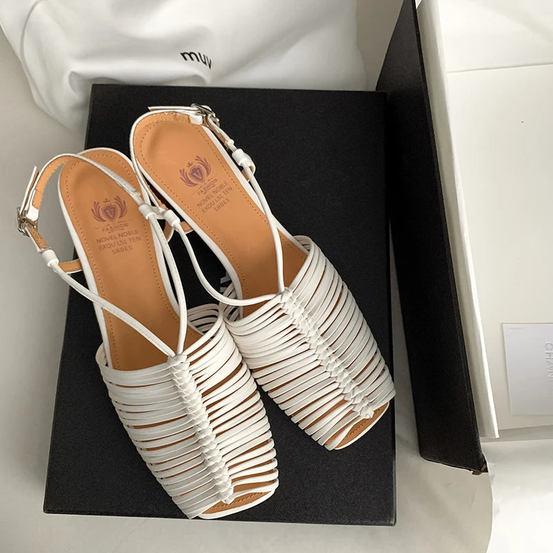 Women Sandals Sweet High Heels Fashion Genuine Leather Ankle Strap Narrow Band Office Party Shoes Woman New Women Sandals