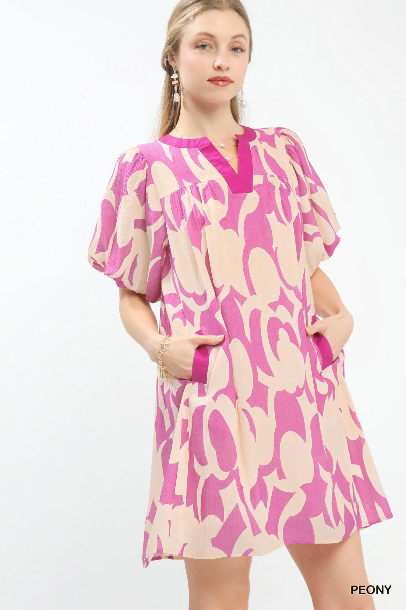 Umgee Abstract Print Puff Sleeve Shift Dress