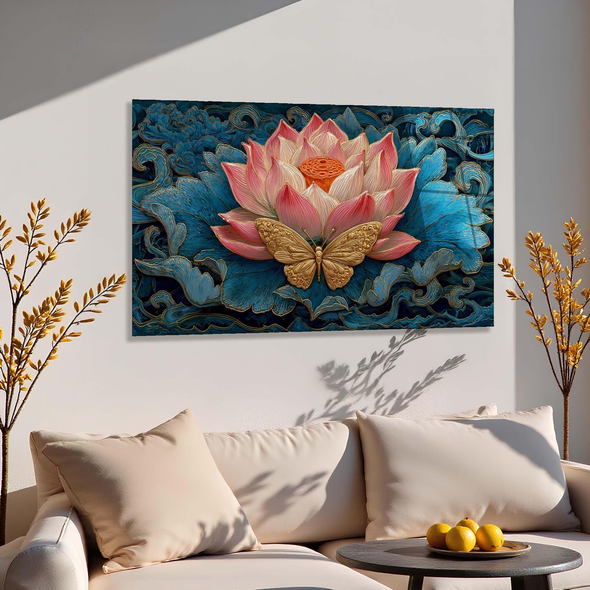Lotus Butterfly Tempered Glass Wall Art | Asian Inspired Décor