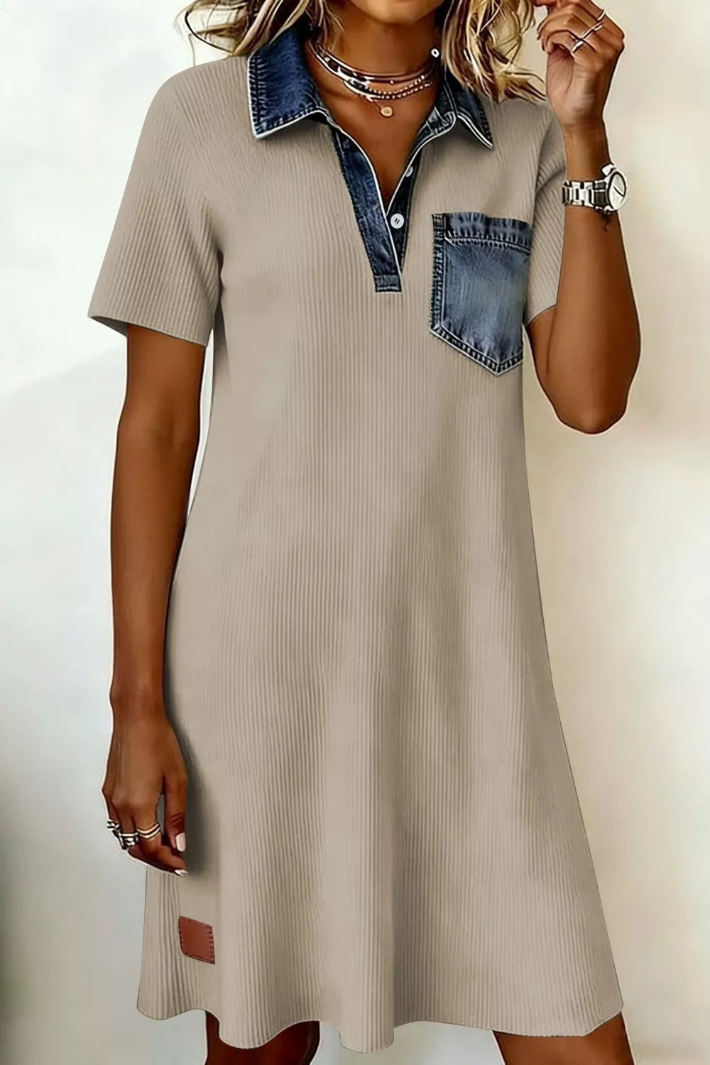 Casual Ribbed Knit Denim Trim Mini Dress