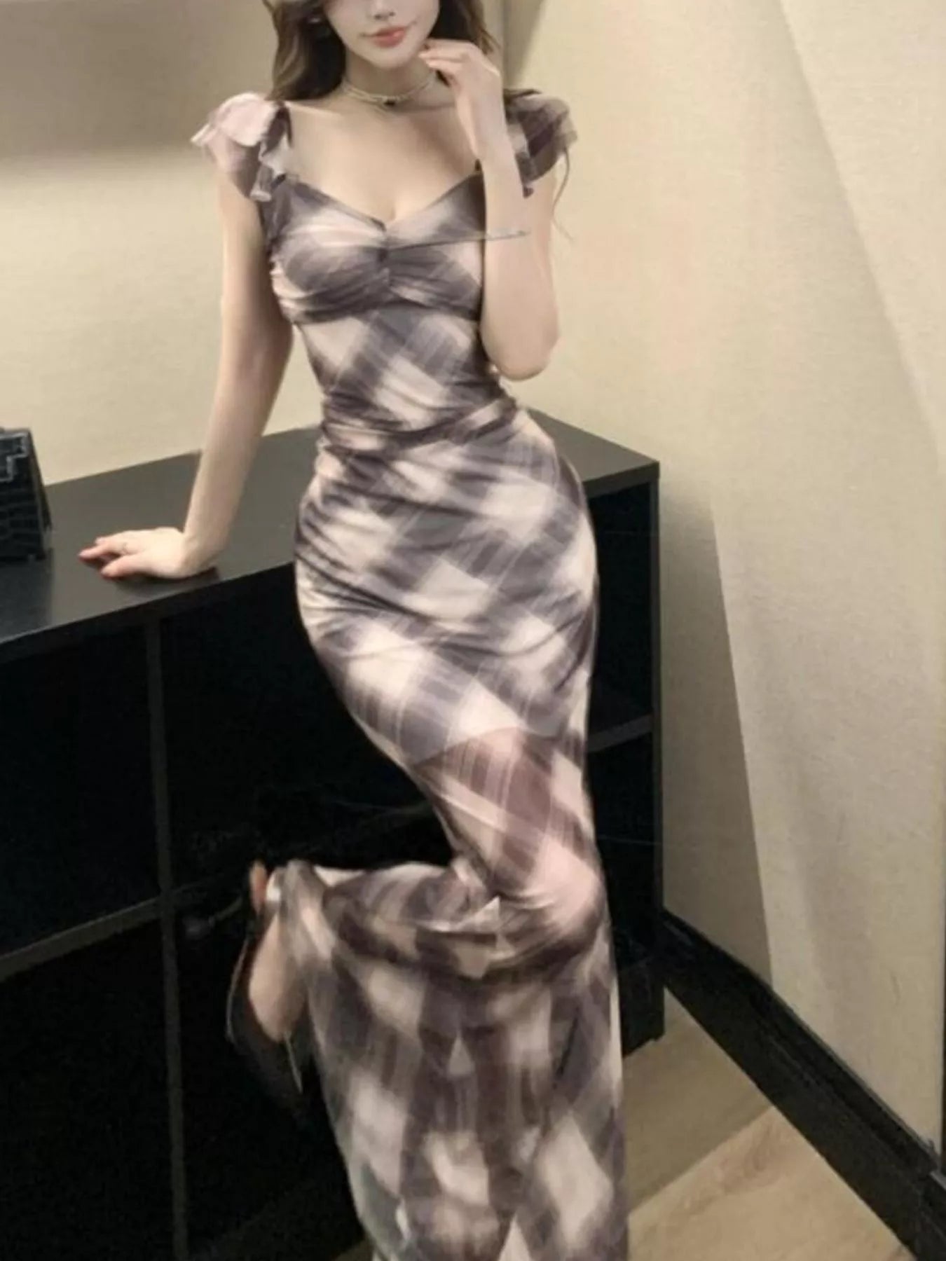 Plaid Ruffle Cap Sleeve Bodycon Maxi Dress