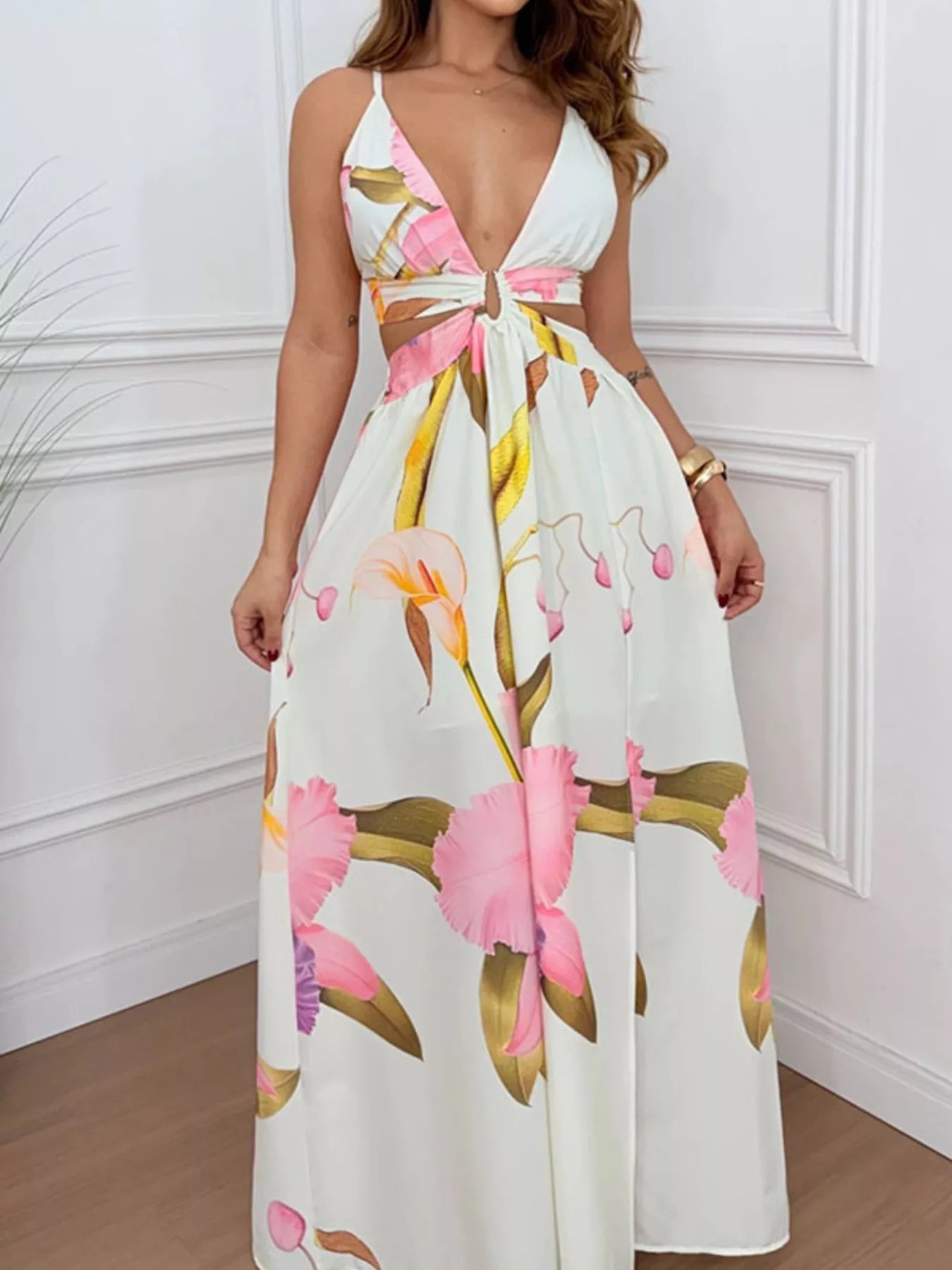 Tropical Print Plunge Cutout Slit Maxi Dress