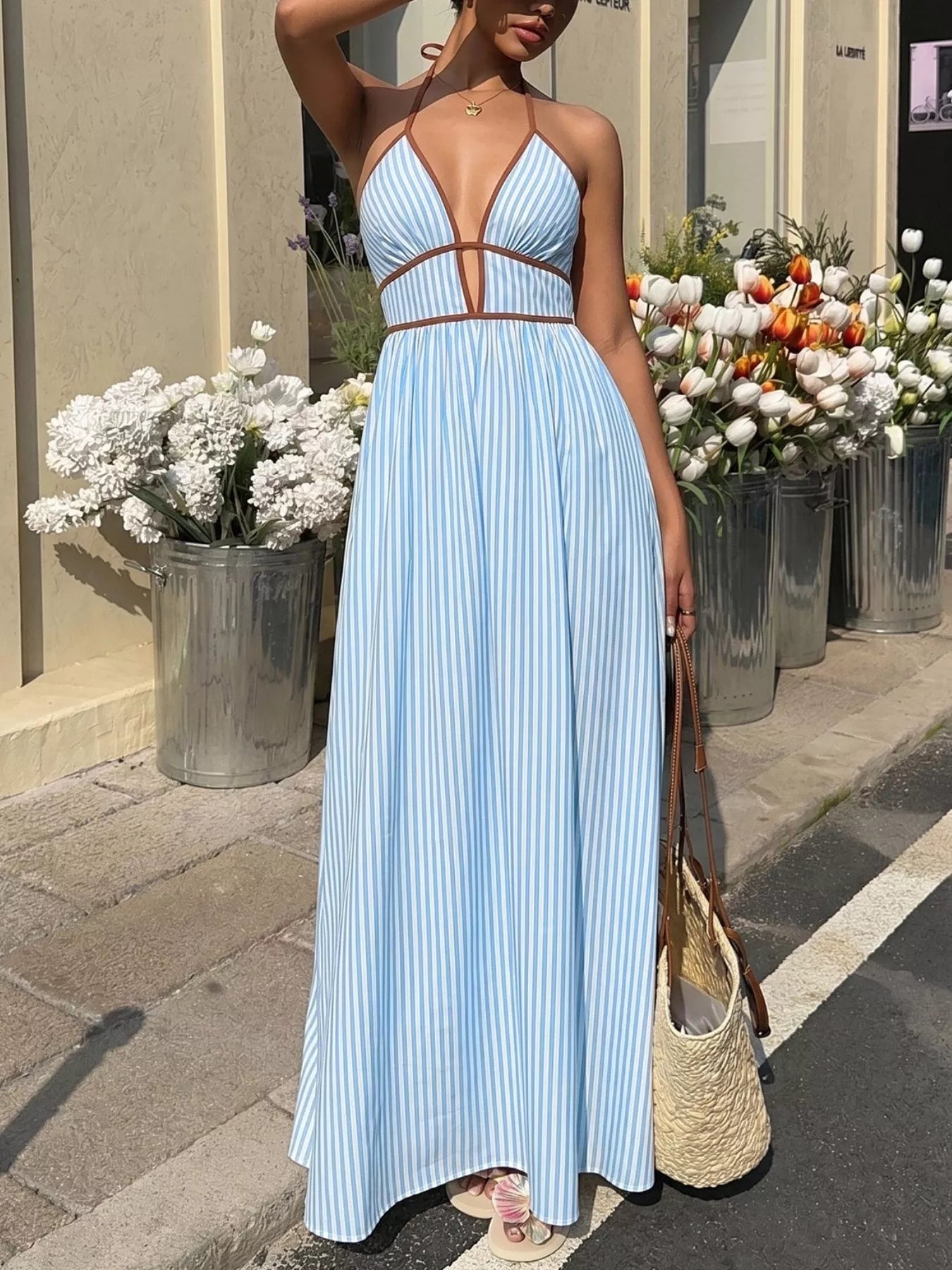 Striped Halter Neck Maxi Dress