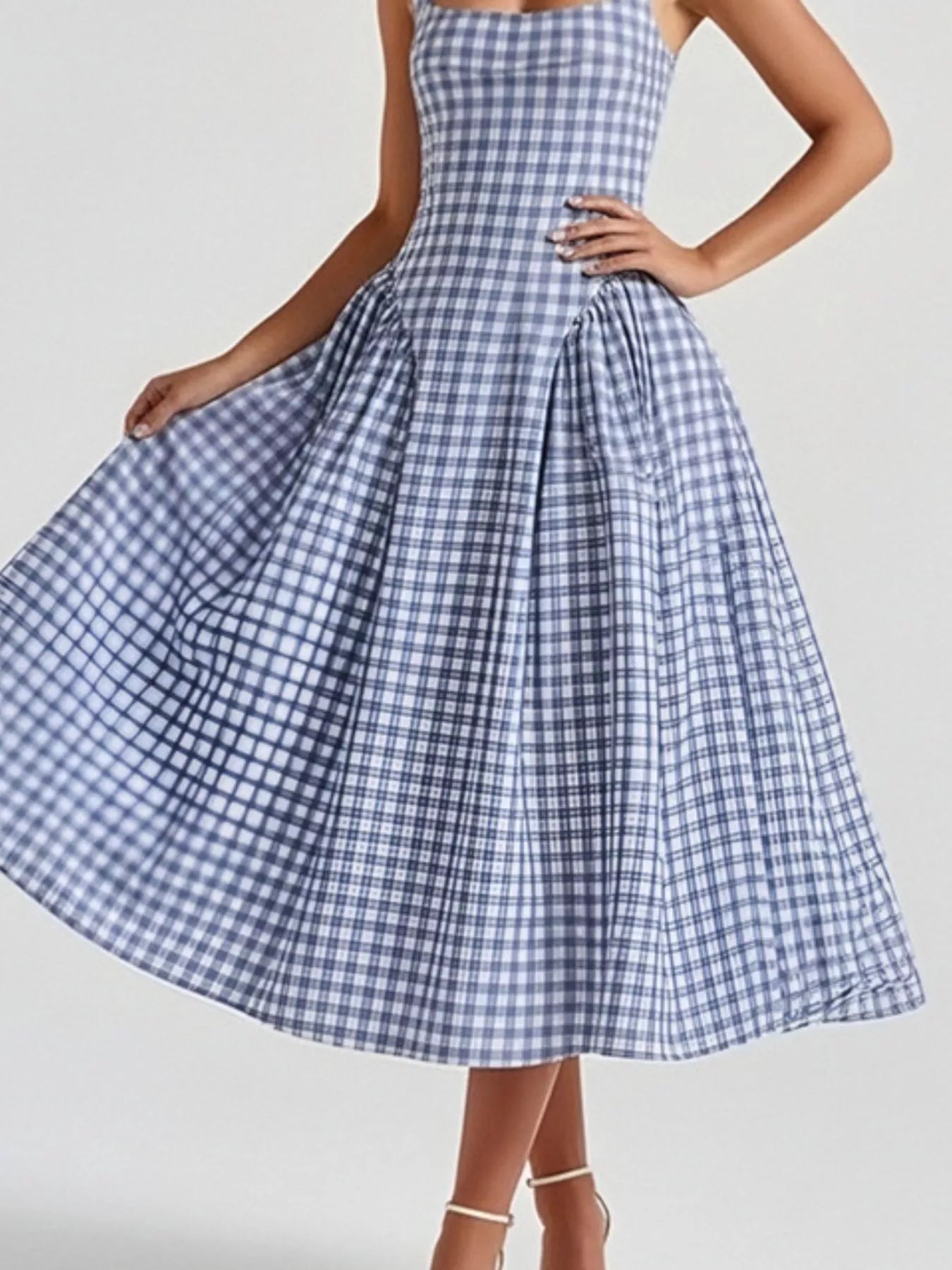 Full Size Plaid Square Neckline Midi Dress Plus Size