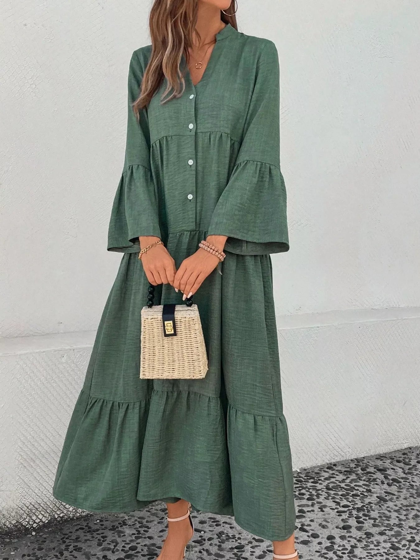 Ruffle Hem Button Front Tiered Dress