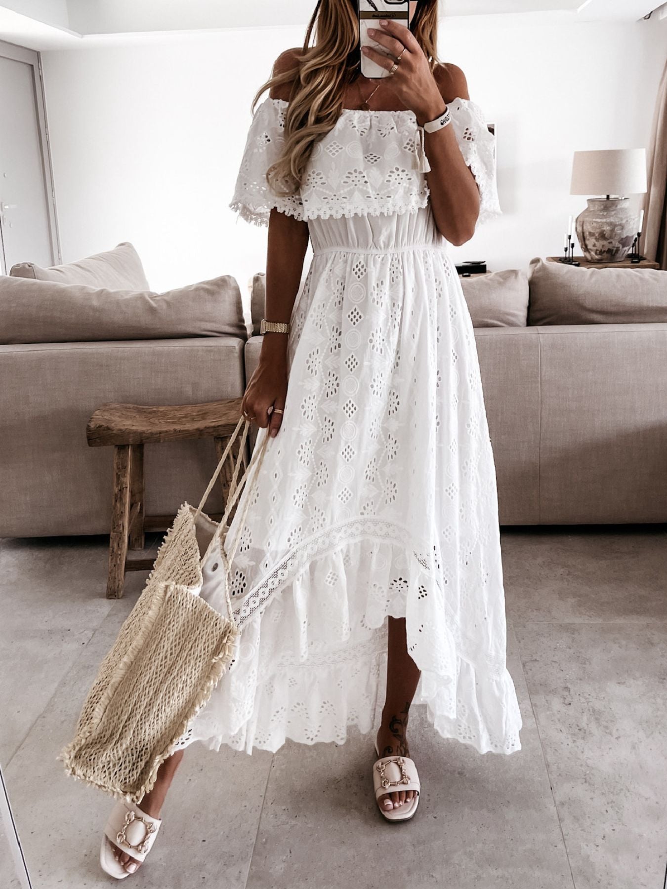 Off-Shoulder Eyelet Lace High-Low Maxi Dress