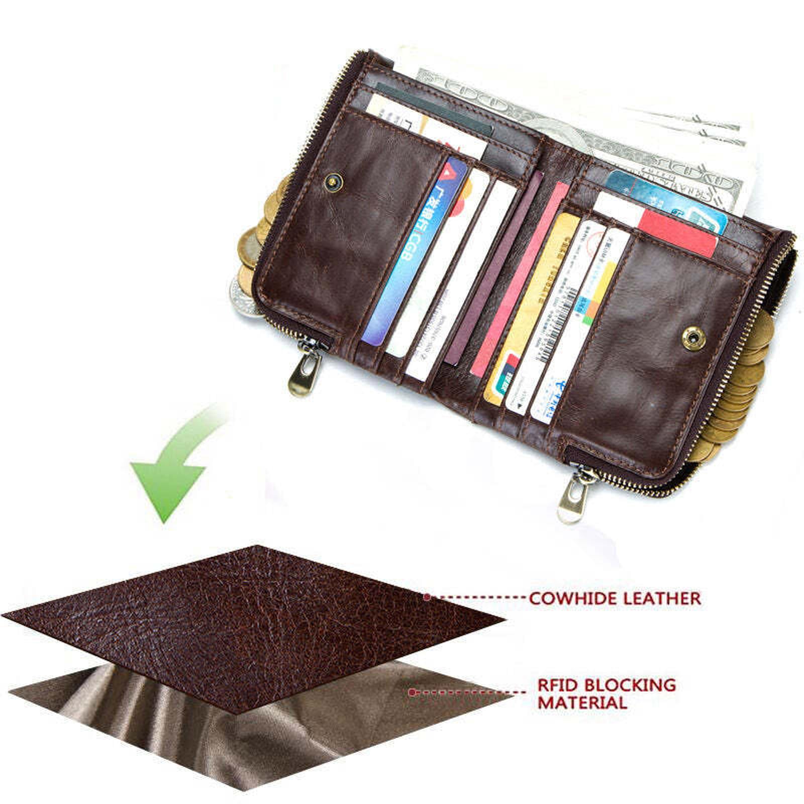 Anti-Theft Brush RFID Genuine Leather Men's Wallet Multifunctional Double Zipper Vertical Wallet Fashion Casual Coin Purse