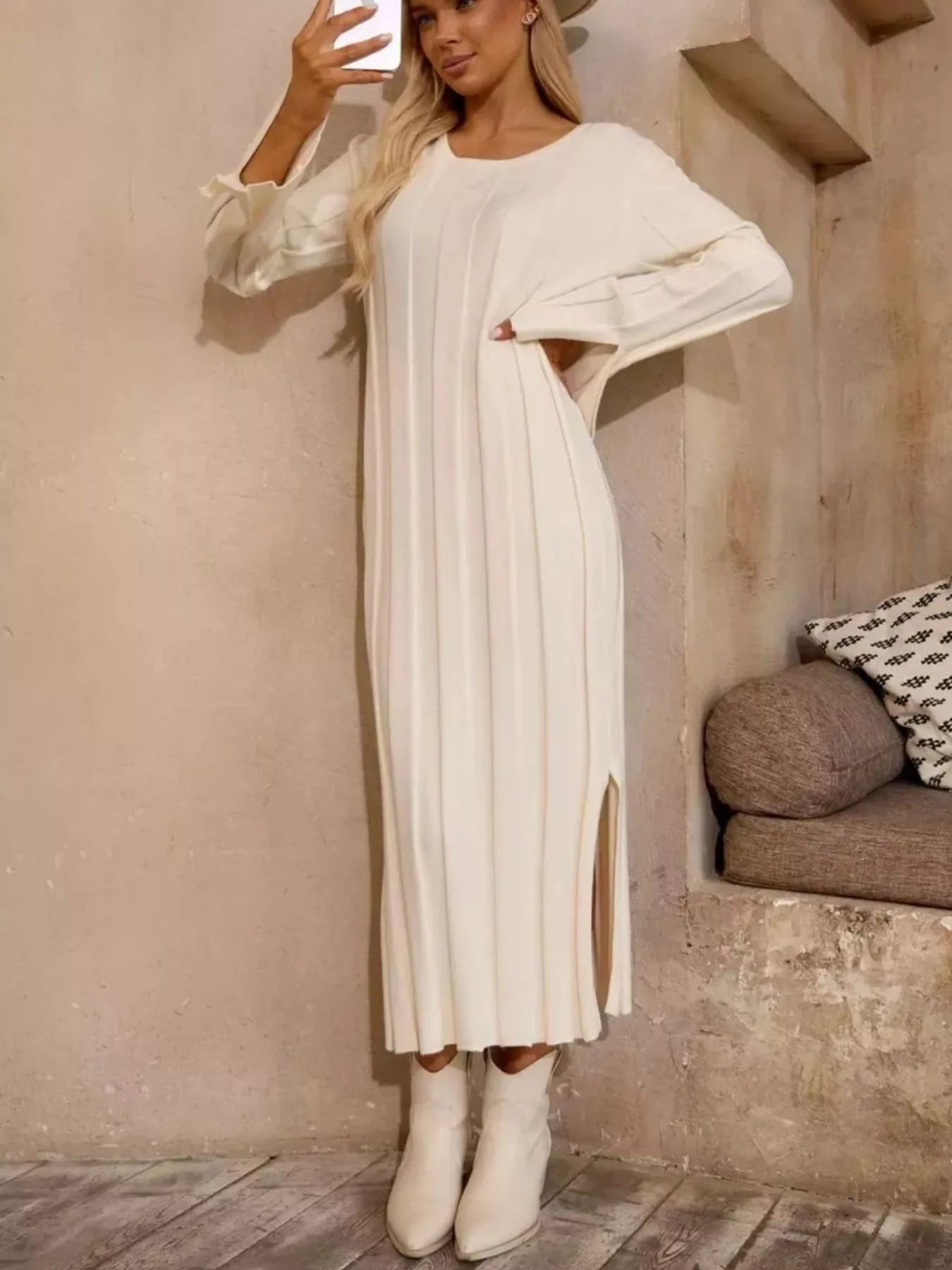Ribbed Knit Slit Sweater Dress