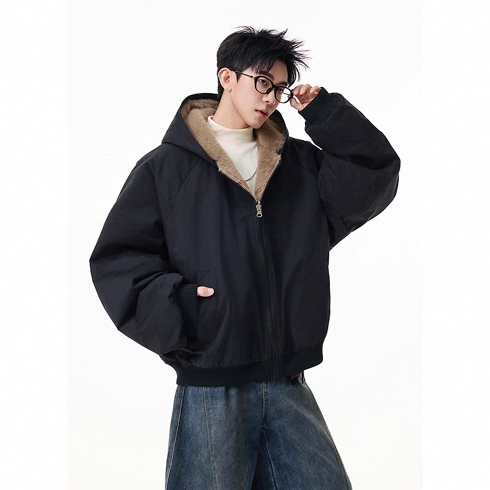 Reversible Faux Rabbit Fur Lined Cotton Coat for Men Winter Fashion Brand Loose Premium Thick Warm Hooded Cotton Jacket