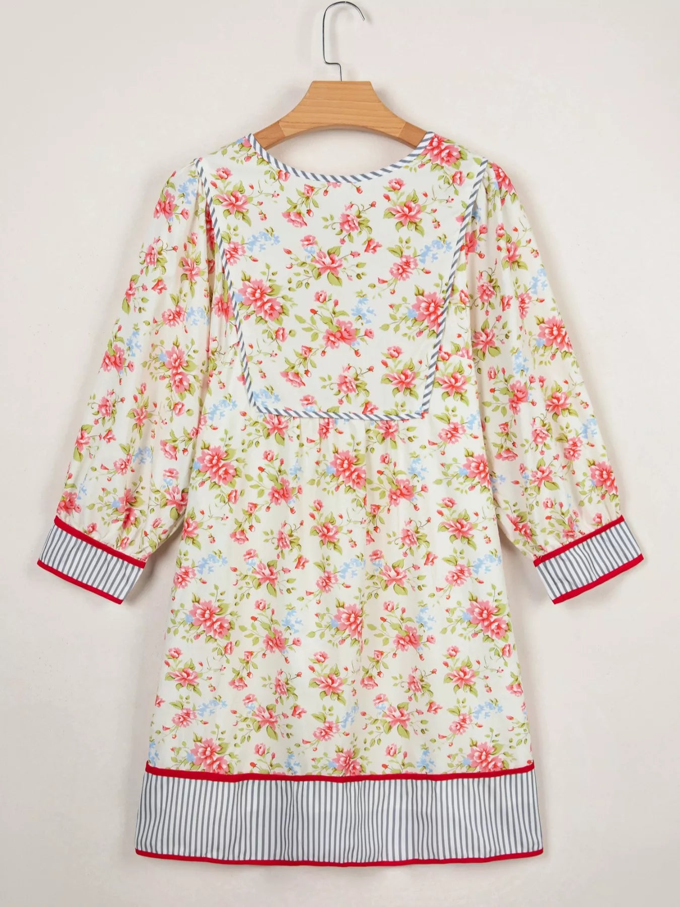 Striped Edge 3/4 Puff Sleeve Floral Dress