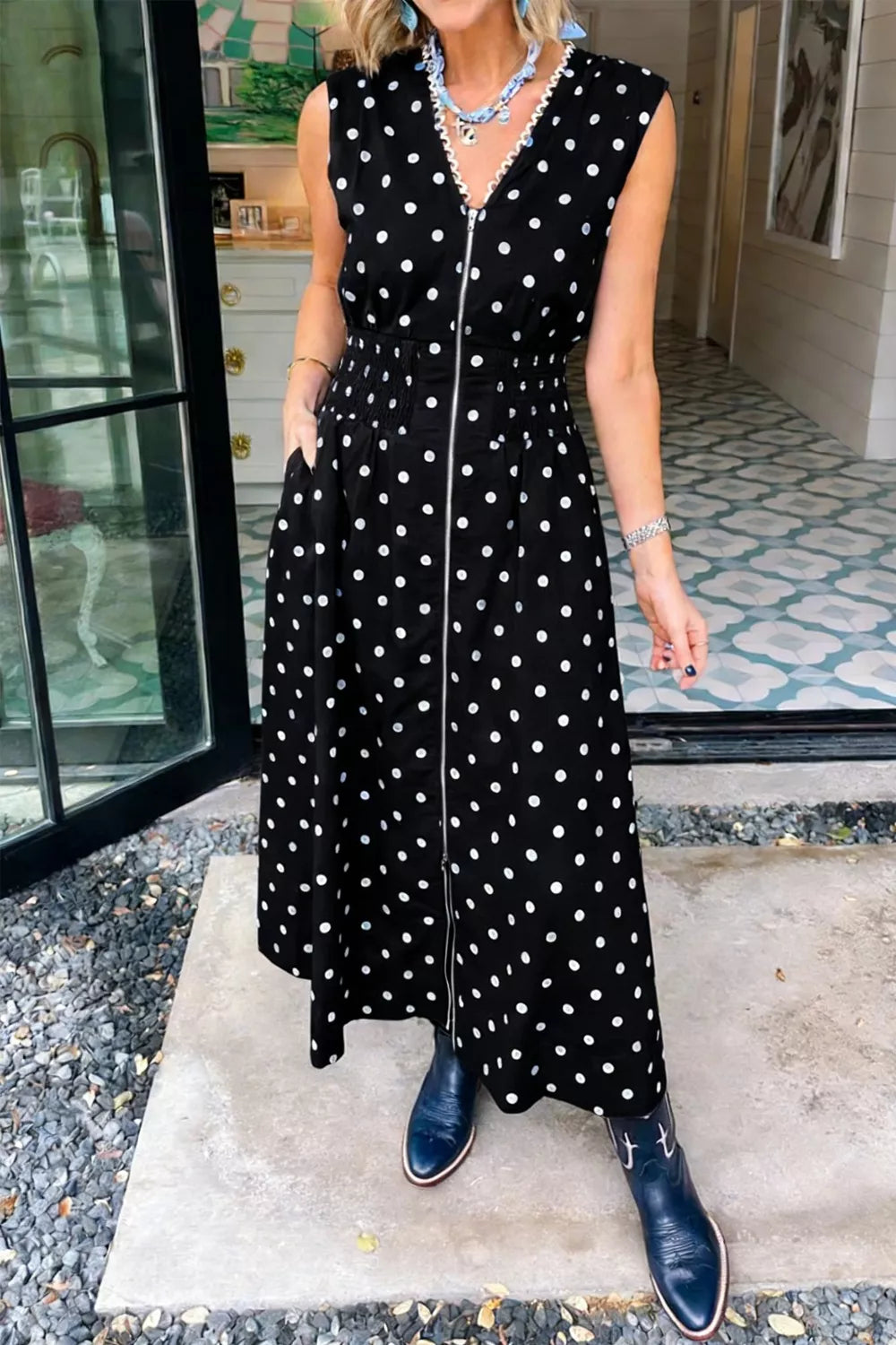 Polka Dot Zipper Front Midi Dress