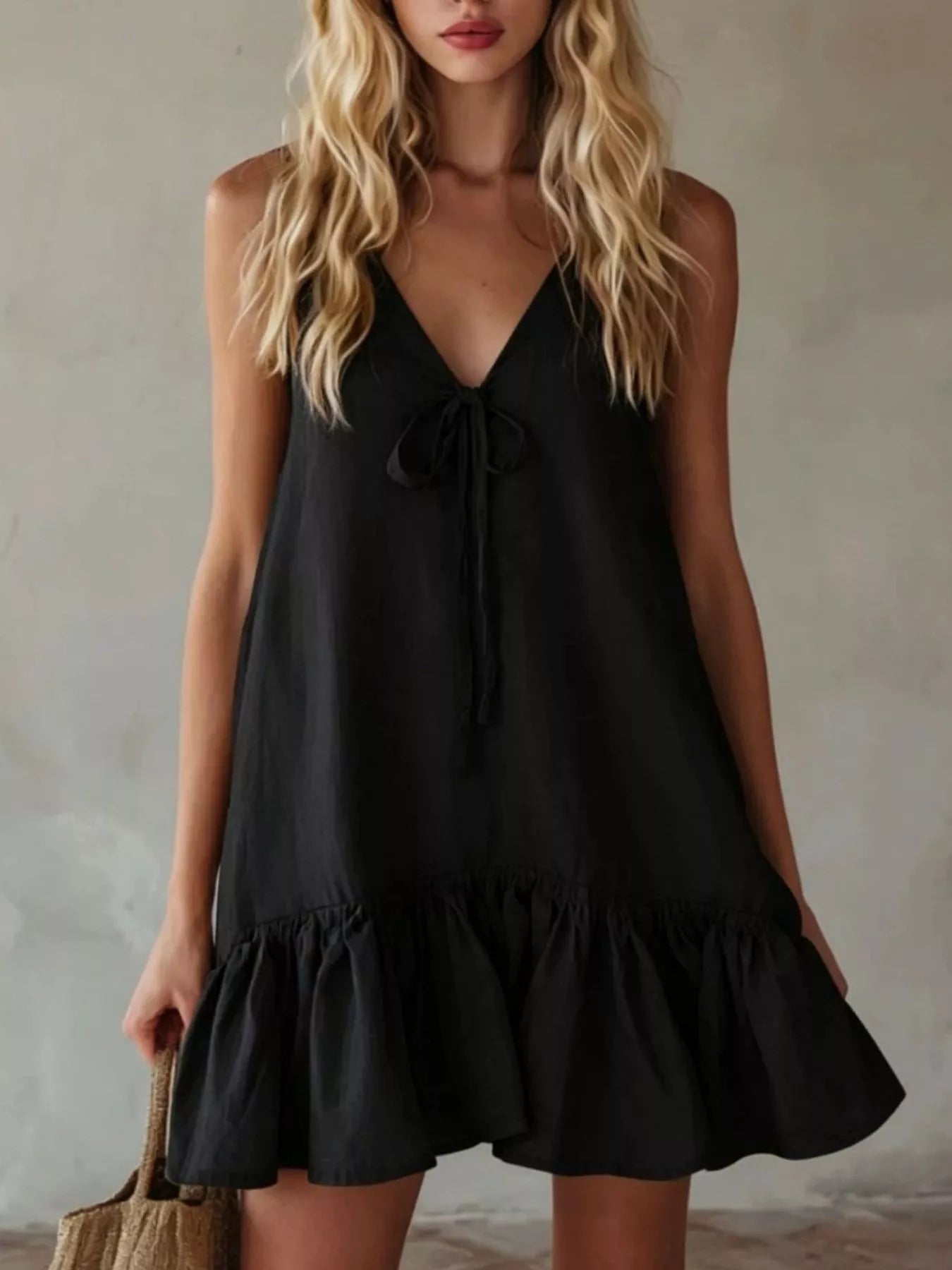 V-Neck Tie Front Ruffle Hem Mini Dress